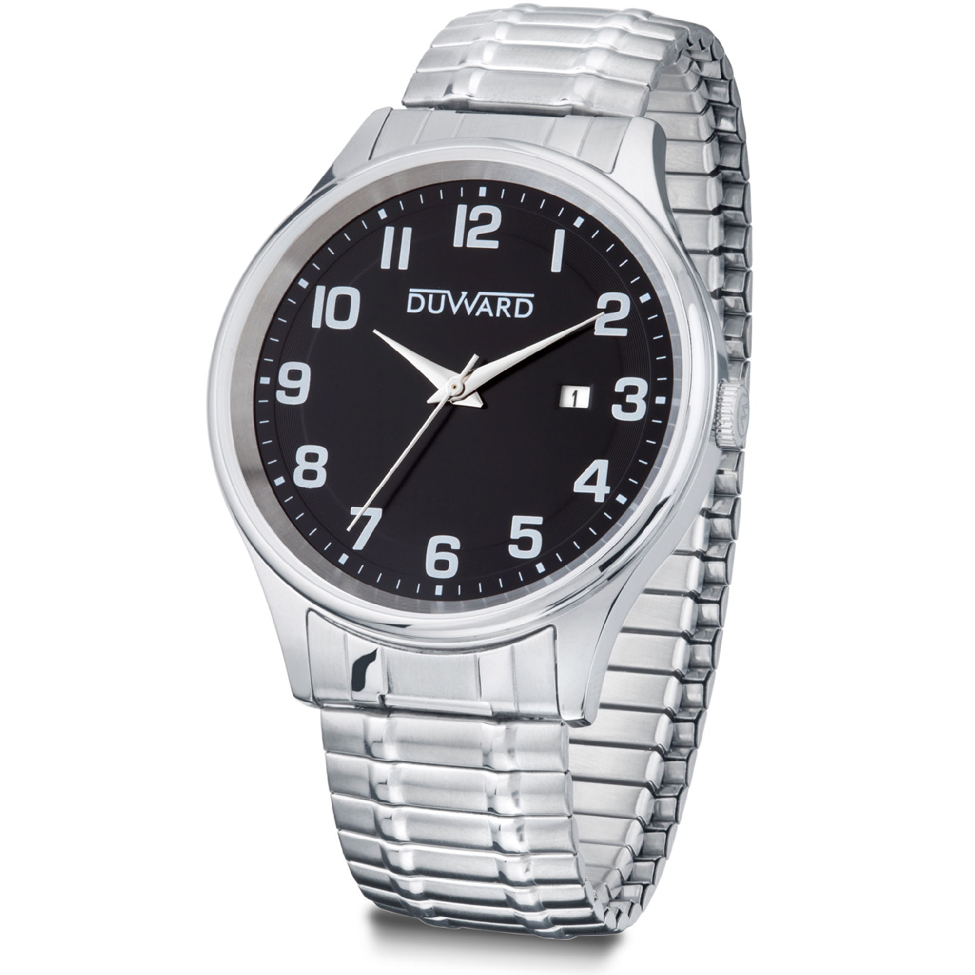 Reloj de hombre de acero 5 atm con brazalete extensible y numeros arabes negros