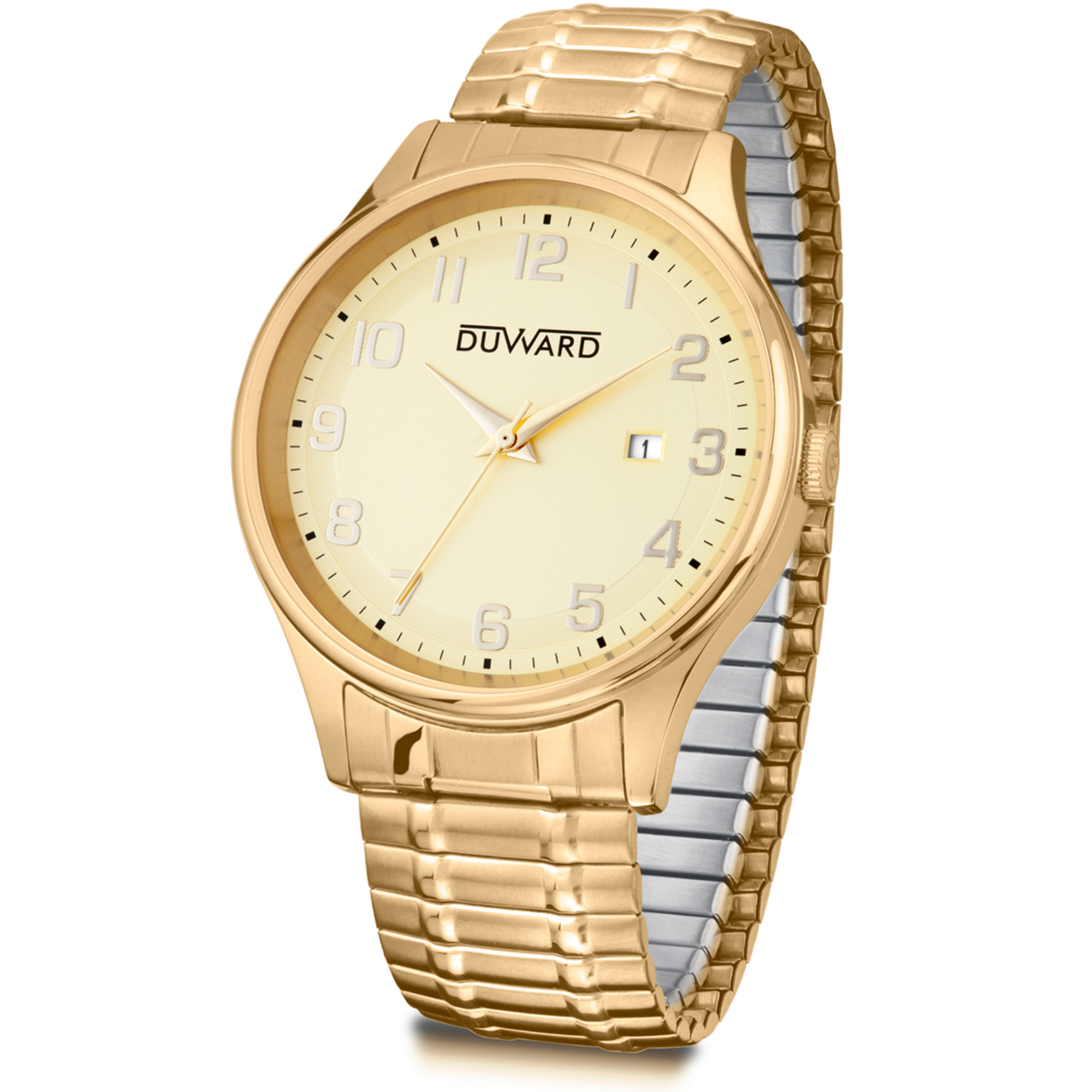 Reloj de hombre de acero Ip dorado 5 atm con brazalete extensible Ip dorado