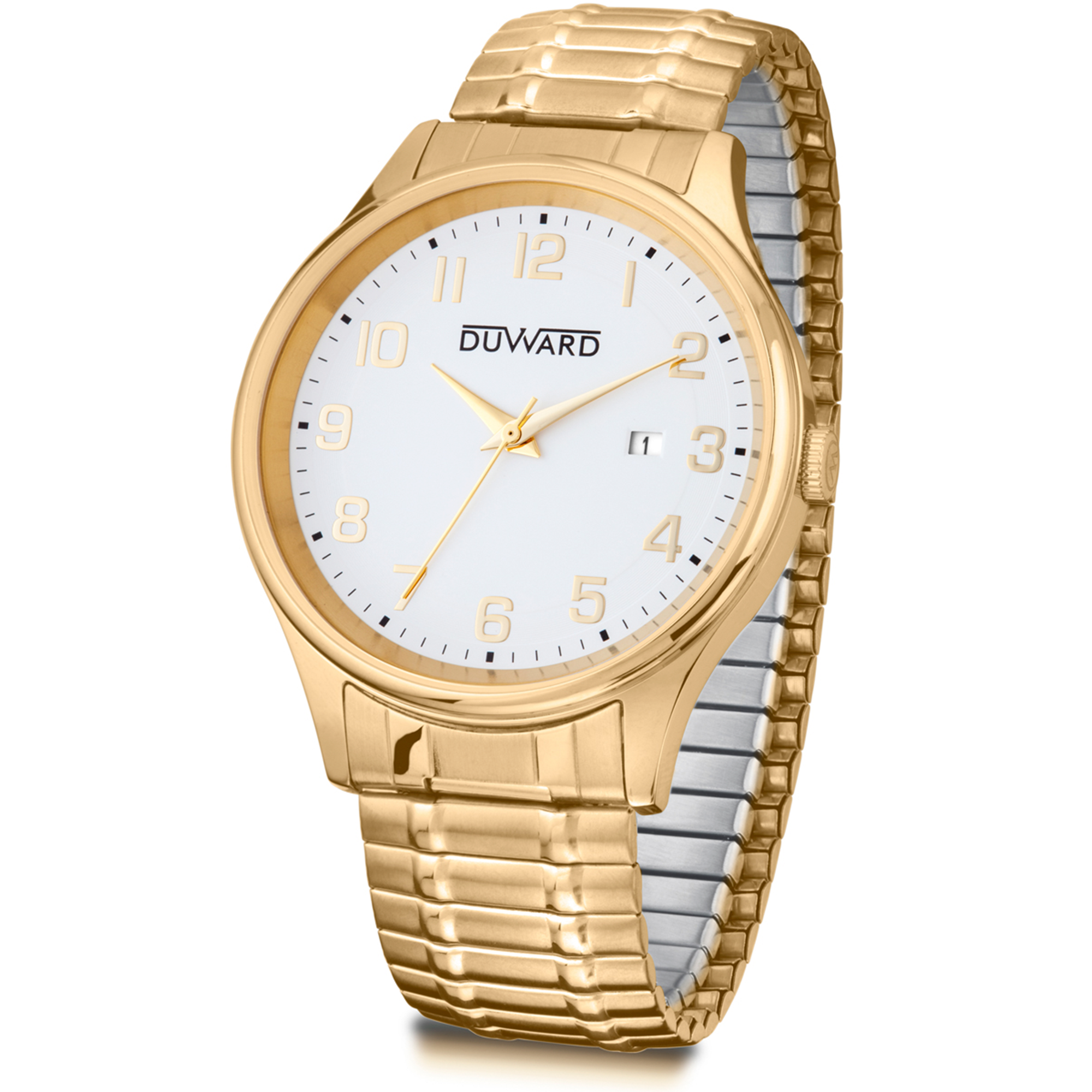 Reloj de hombre de acero Ip dorado 5 atm con brazalete extensible Ip dorado y numeros arabes dorados