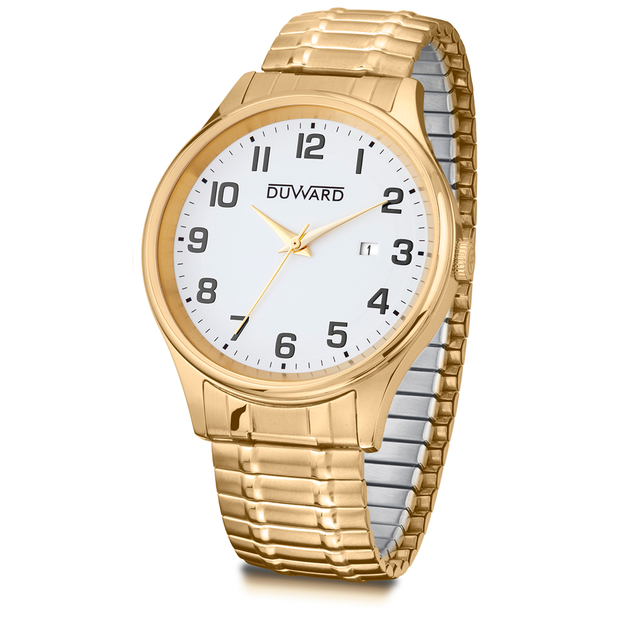 Reloj de hombre de acero Ip dorado 5 atm con brazalete extensible y numeros arabes negros