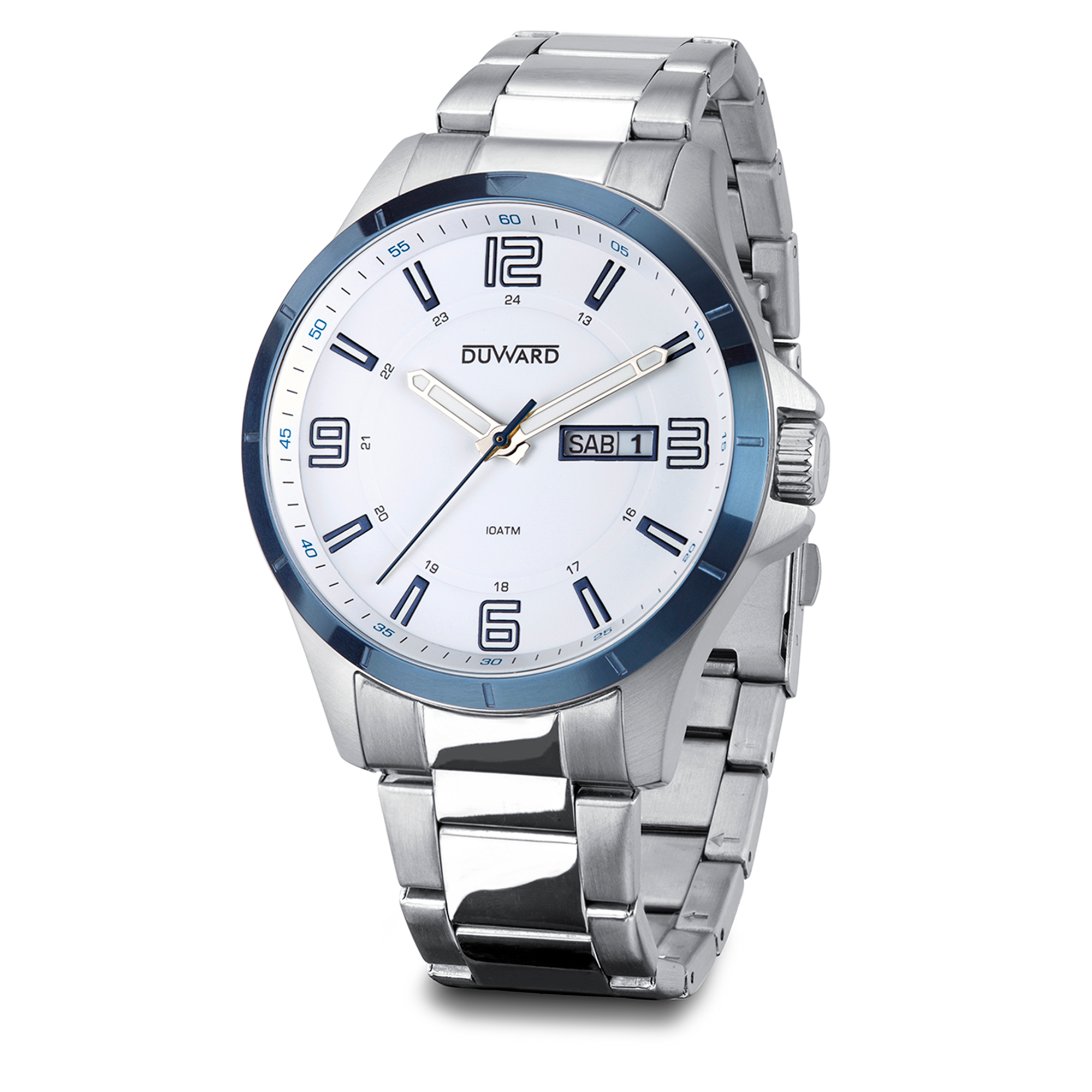 Reloj de acero doble calendario bisel azul 10 atm