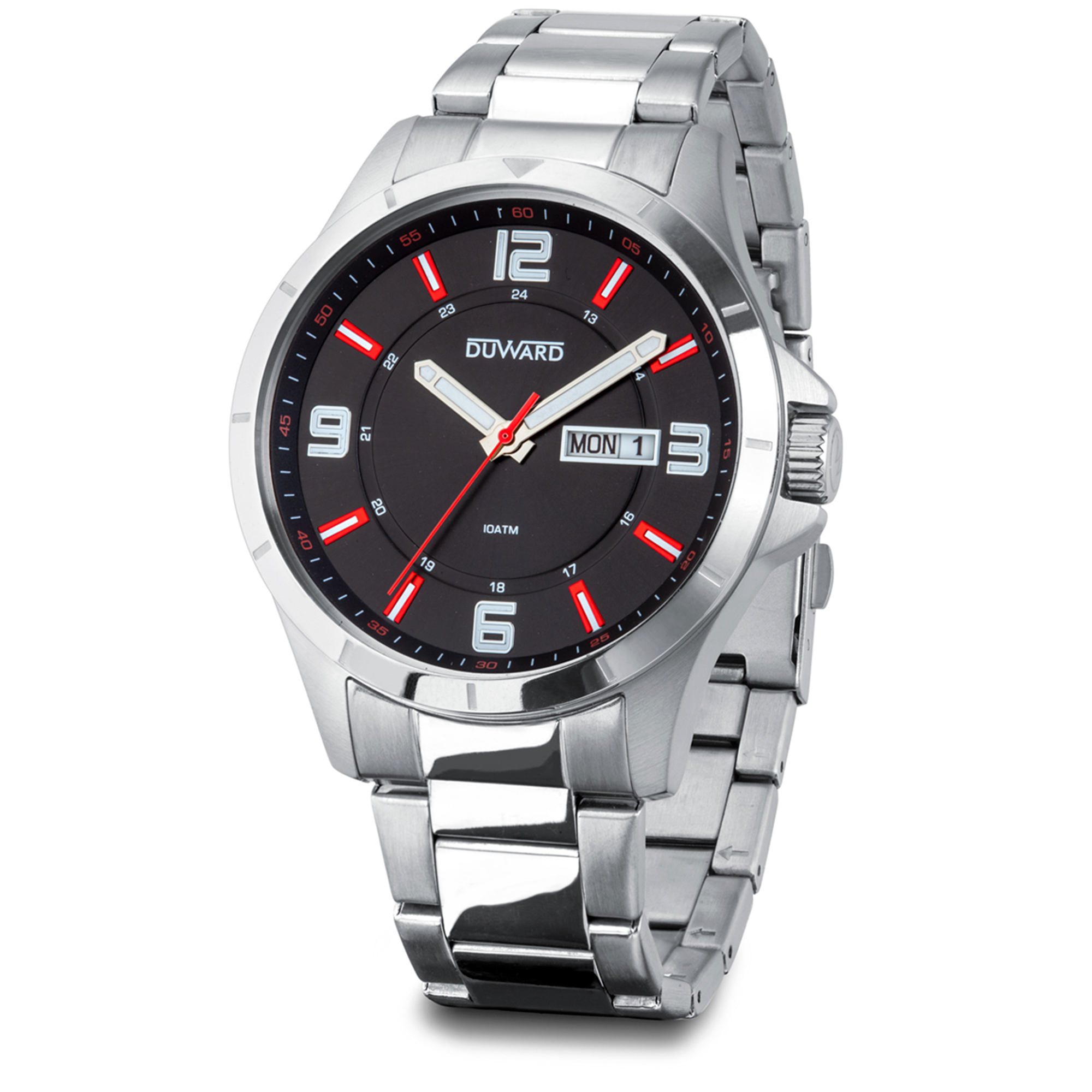 Reloj de acero doble calendario detalles rojos 10 atm