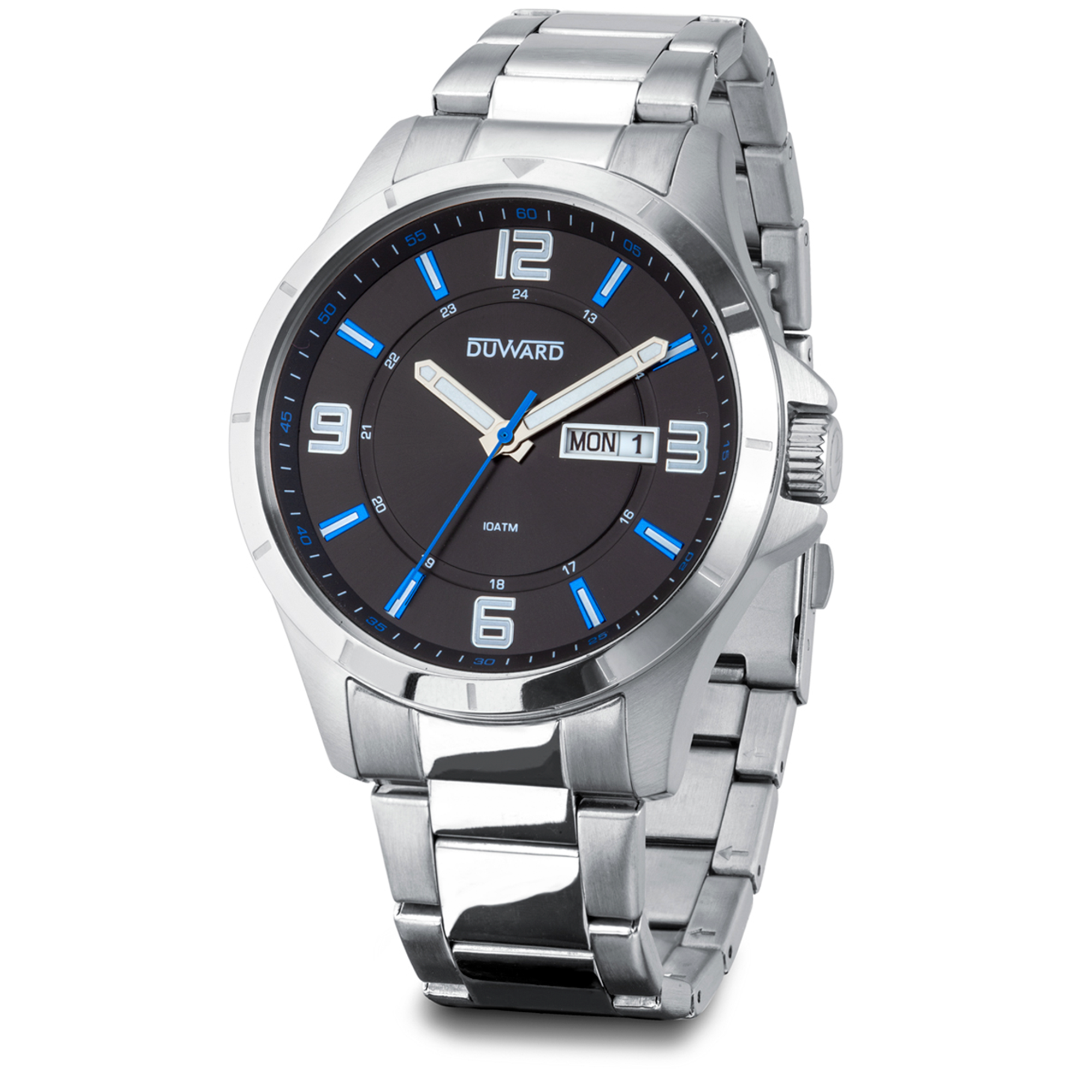 Reloj de acero doble calendario detalles azul 10 atm