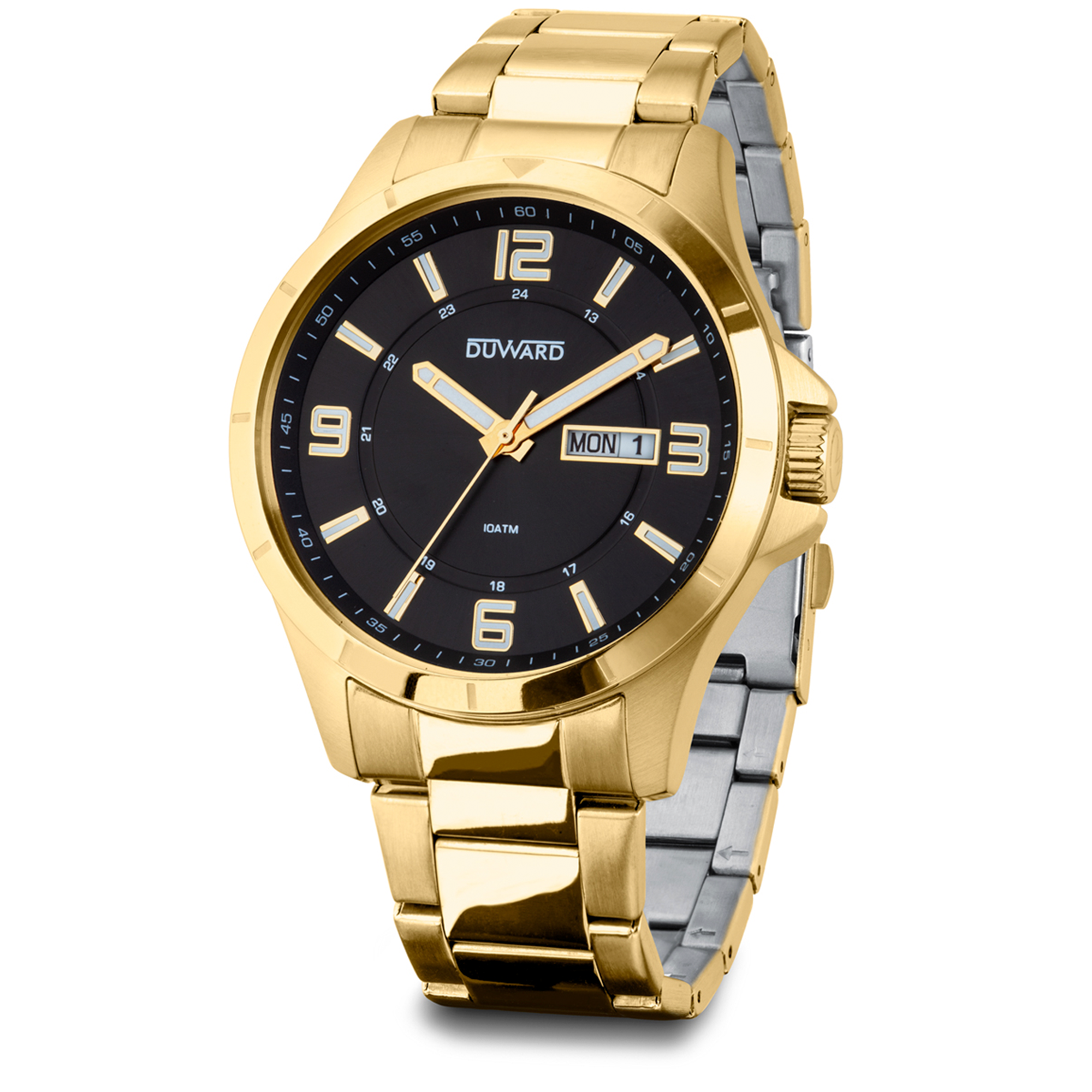 Reloj de acero ip dorado doble calendario 10 atm