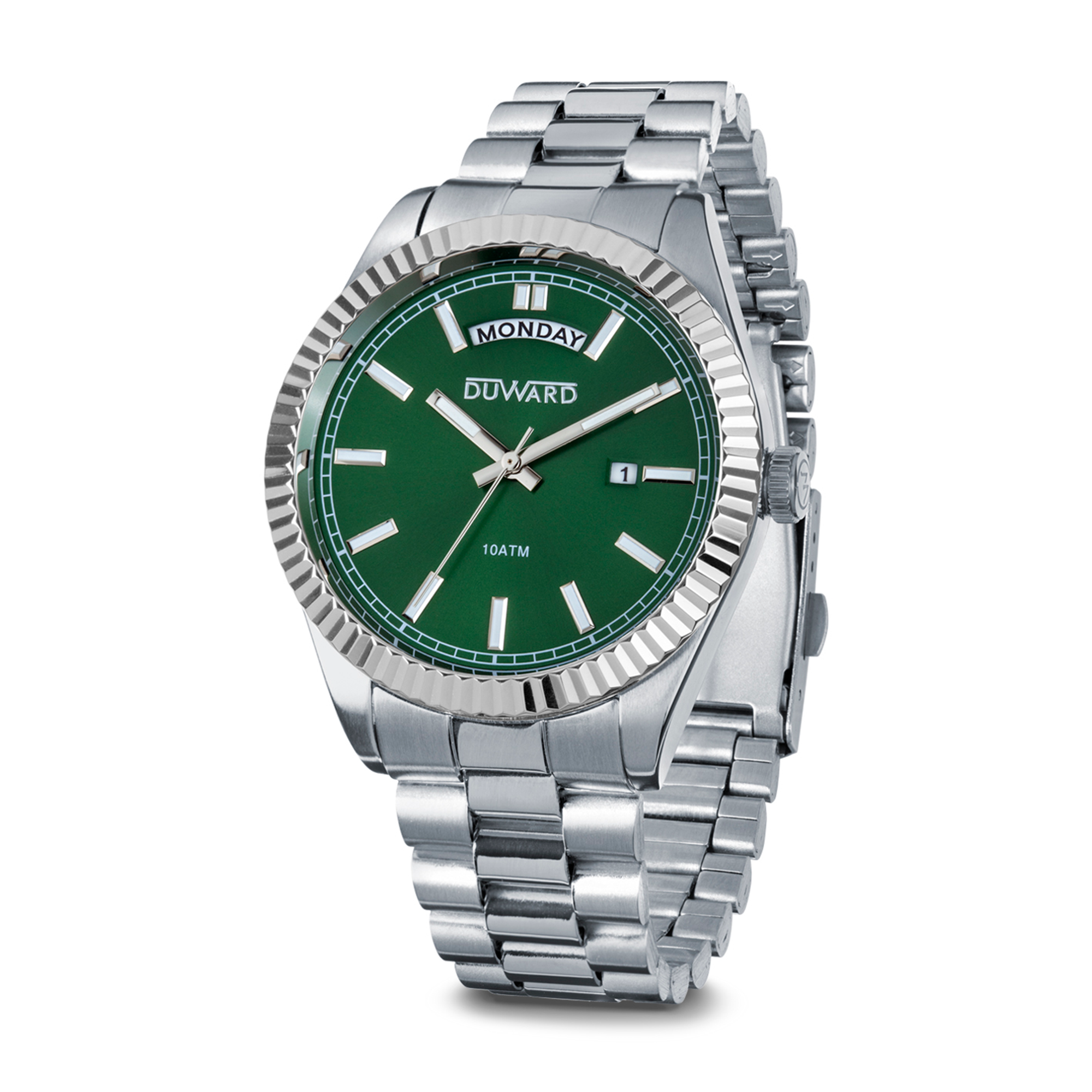 Reloj para hombre de acero con calendario y semanario esfera verde 10 atm