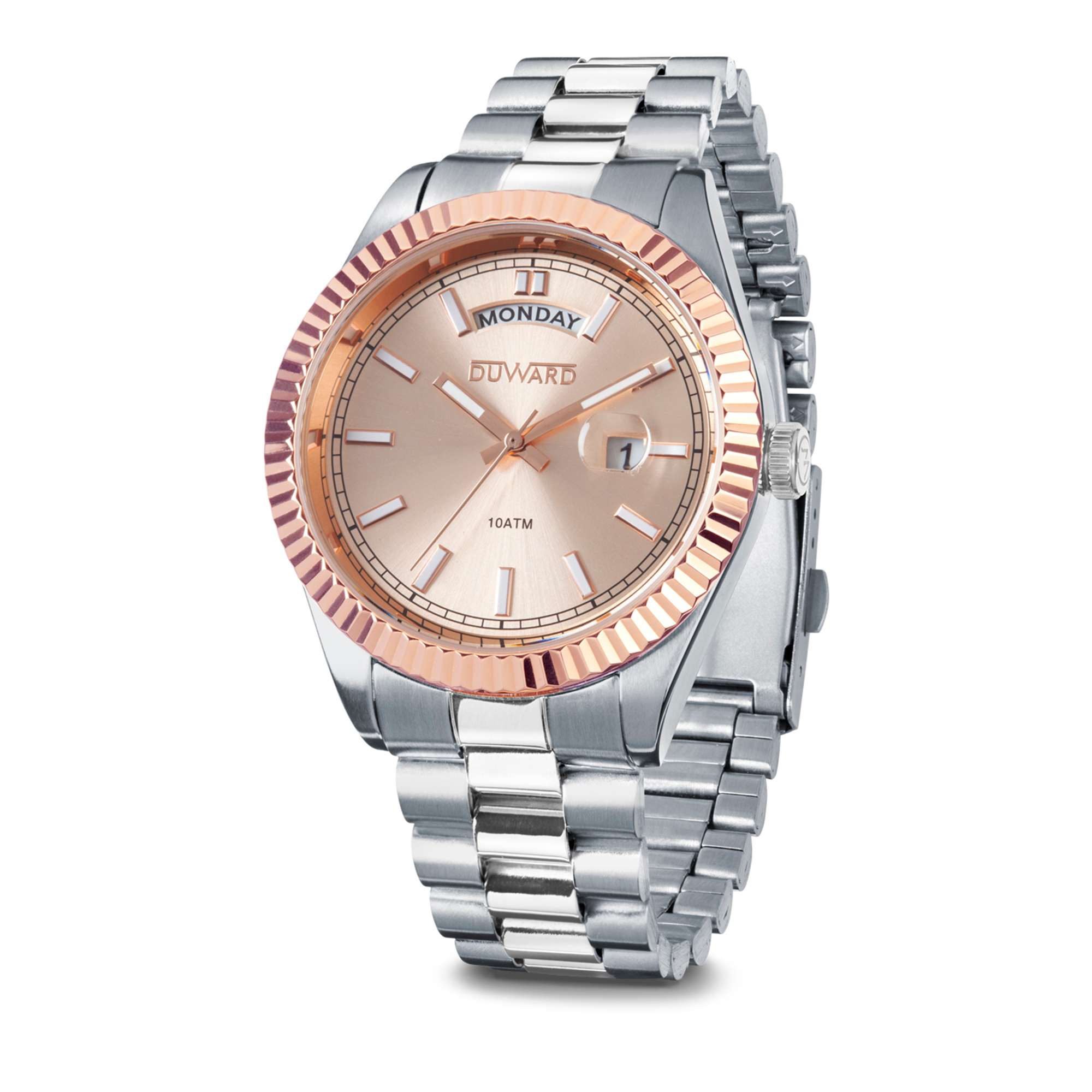 Reloj para hombre de acero con calendario y semanario esfera rosada 10 atm