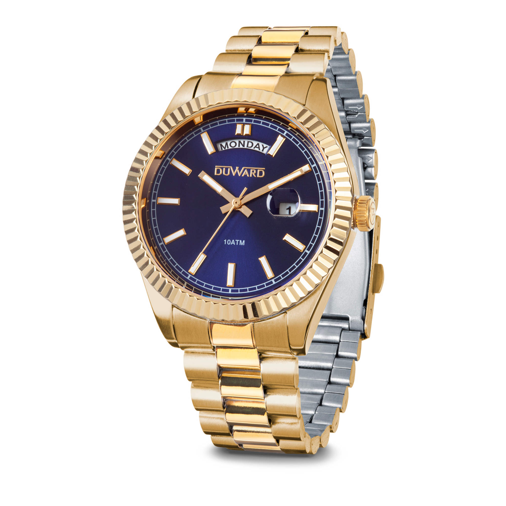 Reloj para hombre de acero ip dorado esfera azul con calendario y semanario 10 atm