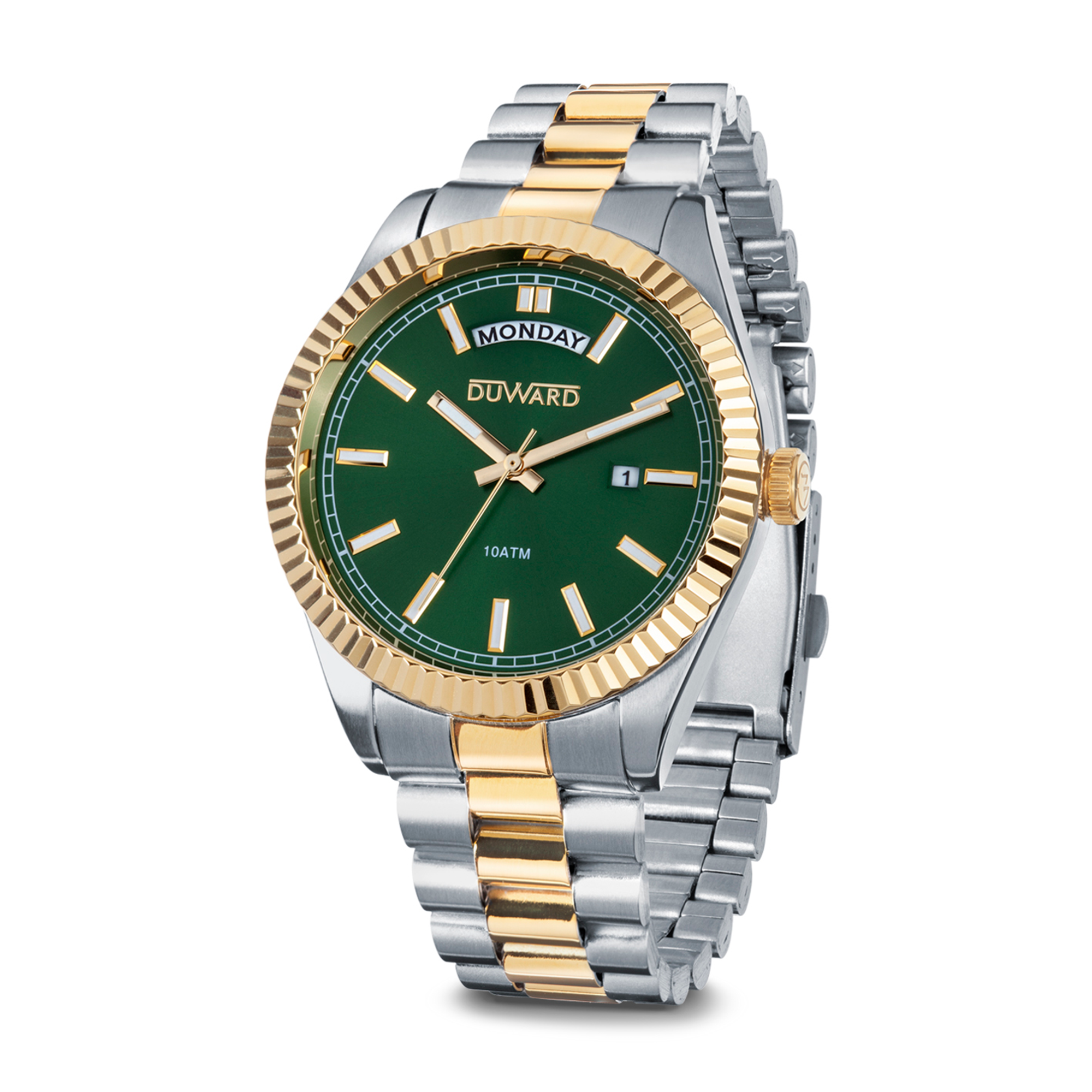 Reloj para hombre de acero bicolor dorado con esfera verde calendario y semanario 10 atm