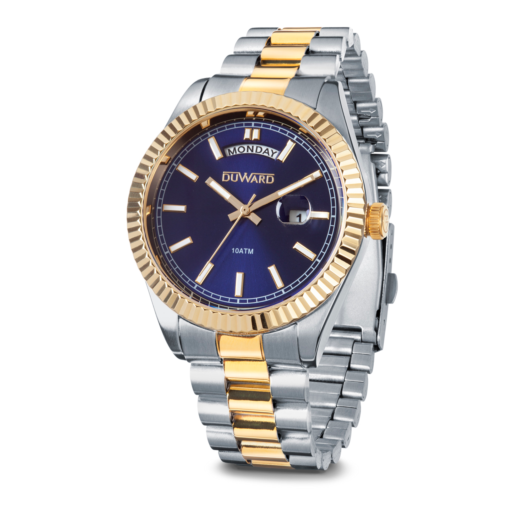 Reloj para hombre de acero bicolor dorado con esfera azul calendario y semanario 10 atm