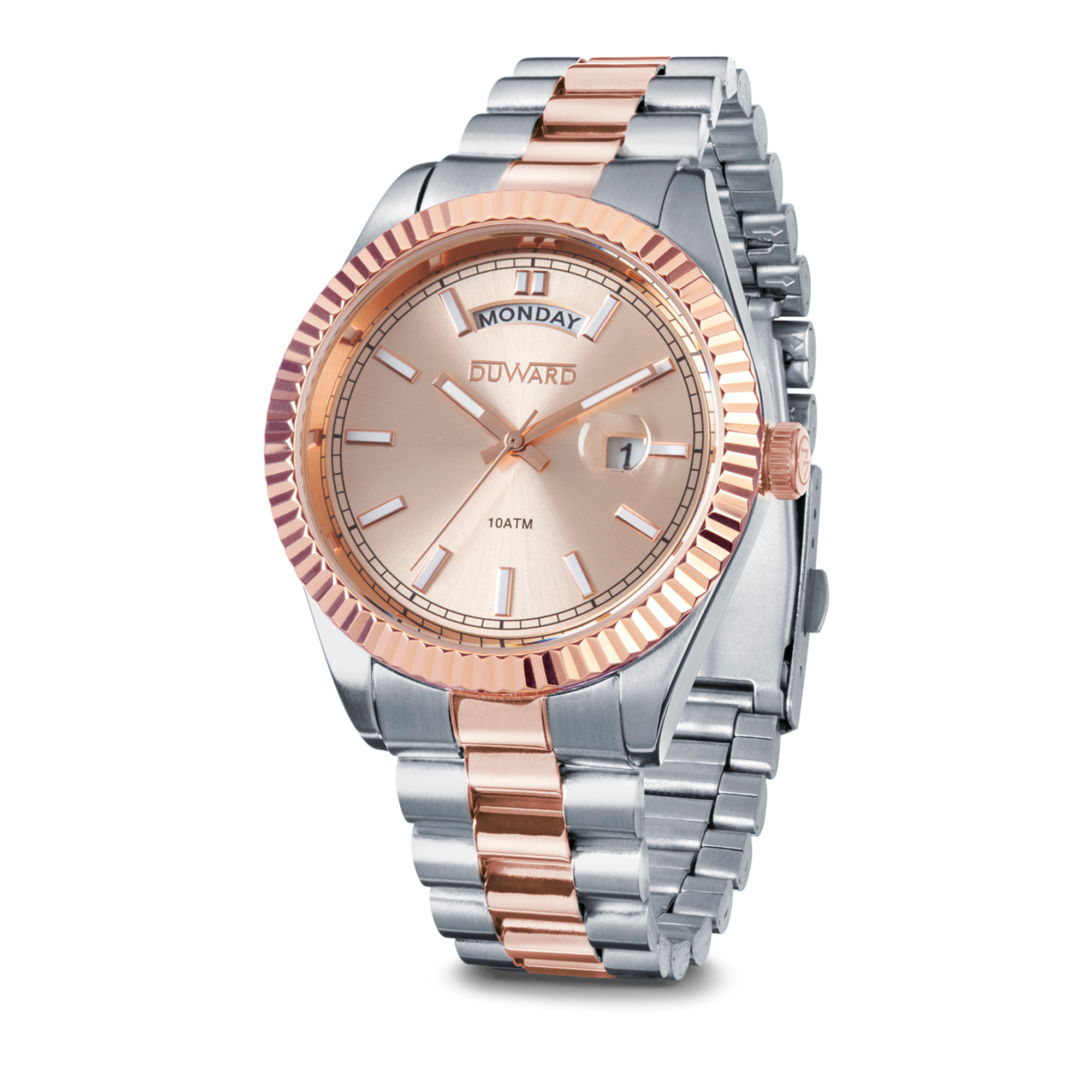 Reloj para hombre de acero bicolor rosado con calendario y semanario 10 atm