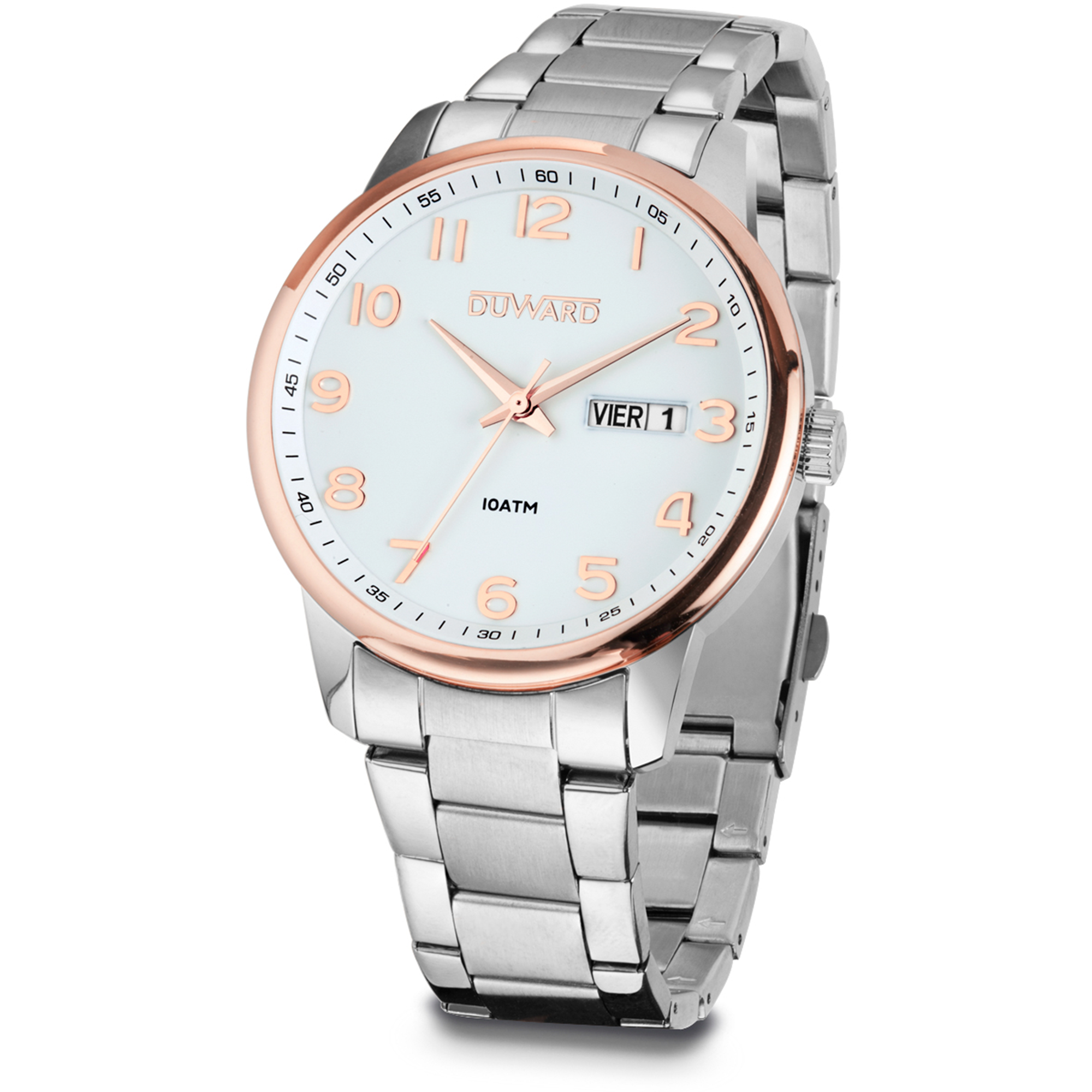 Reloj de hombre de acero con bisel Ip rosado 10 atm doble calendario y numeros arabes