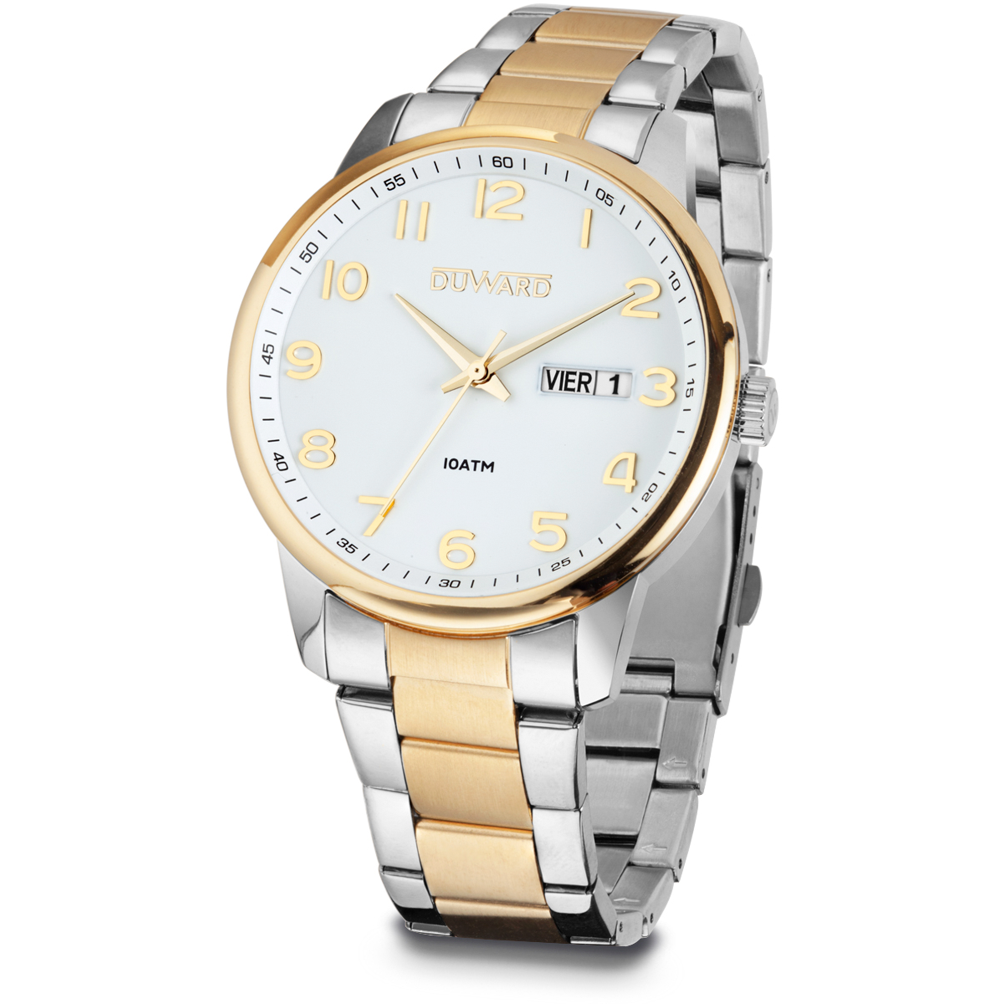 Reloj de hombre de acero bicolor Ip dorado 10 atm doble calendario y numeros arabes