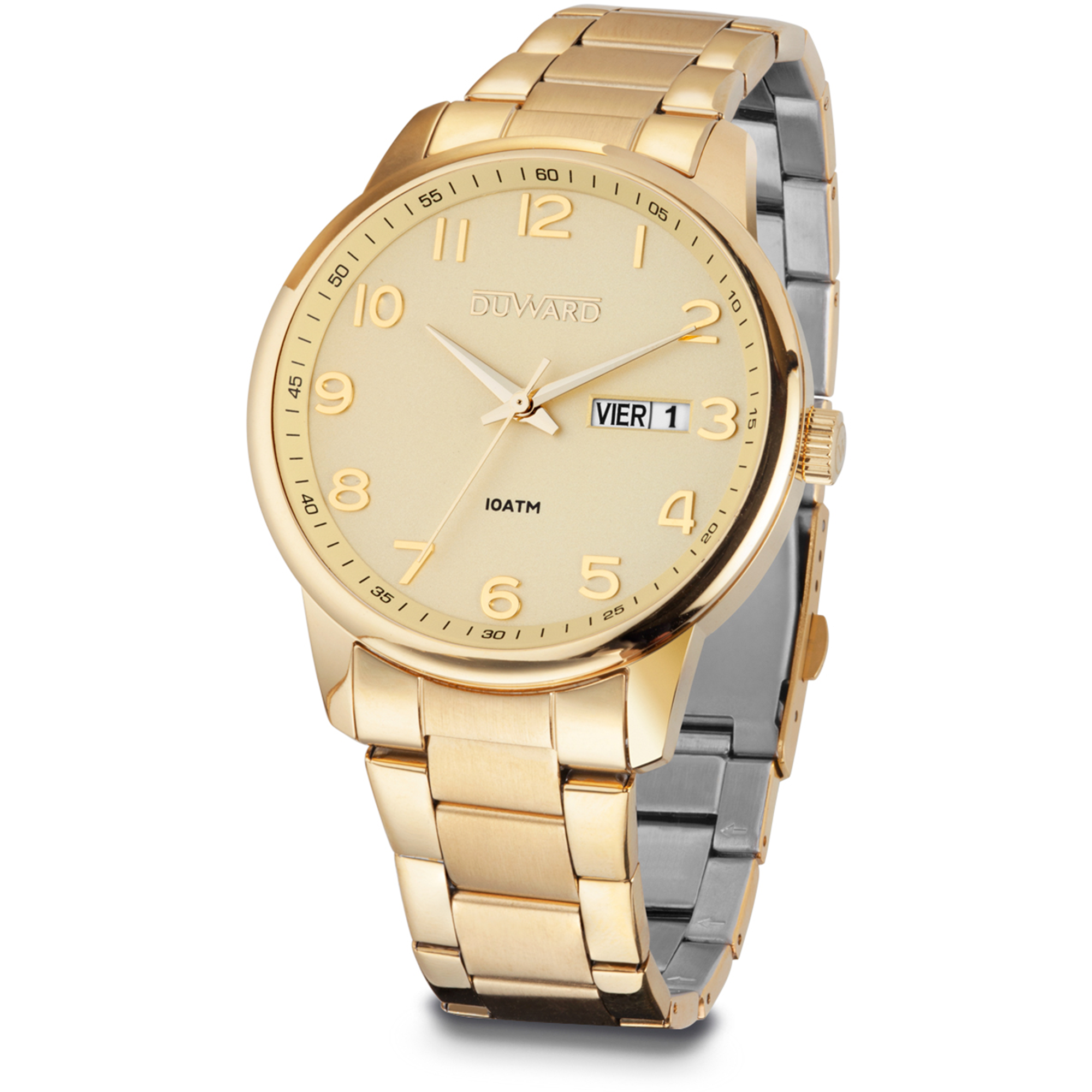 Reloj de hombre de acero Ip dorado 10 atm doble calendario y numeros arabes