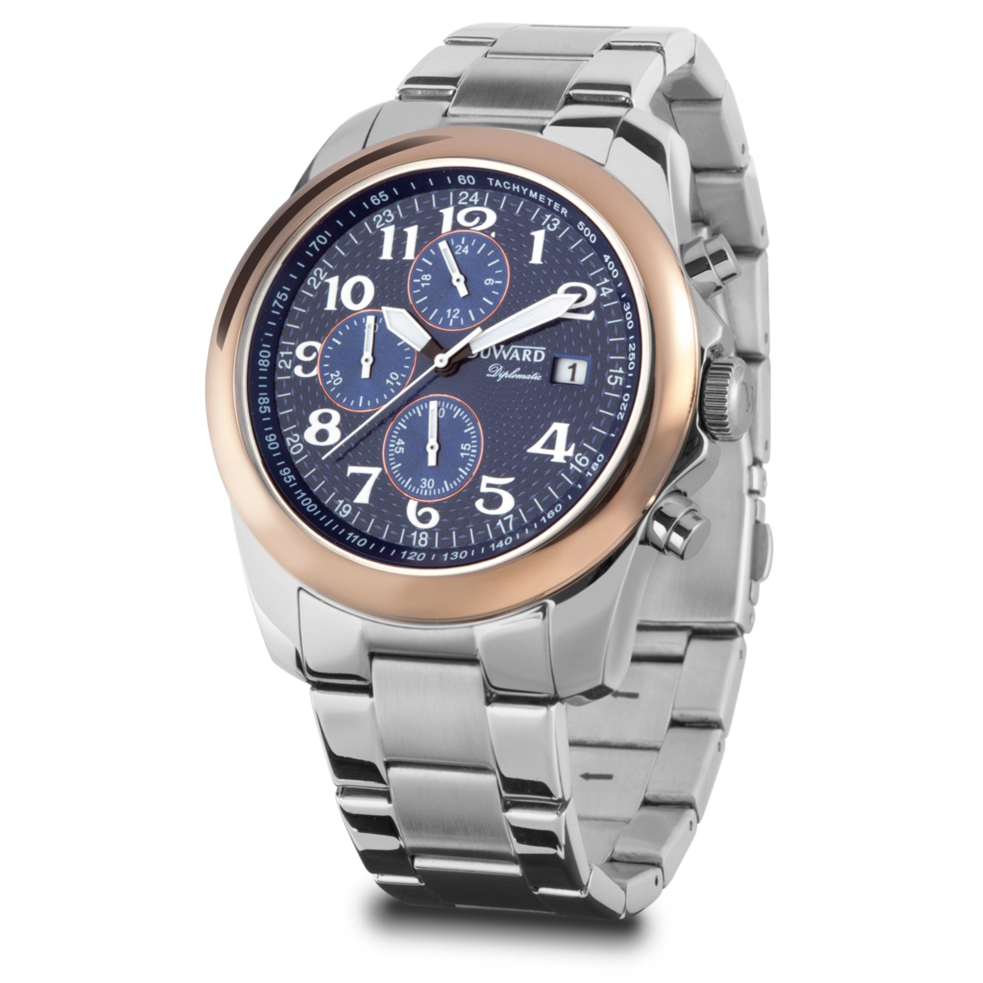 Reloj Hombre Deportivo Cronógrafo caja acero IP rosada esfera azul