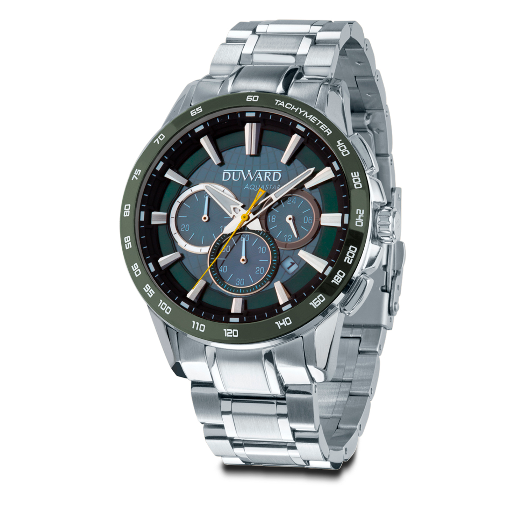 Reloj DUWARD Aquastar cronógrafo de acero bisel cermica verde y 10 ATM