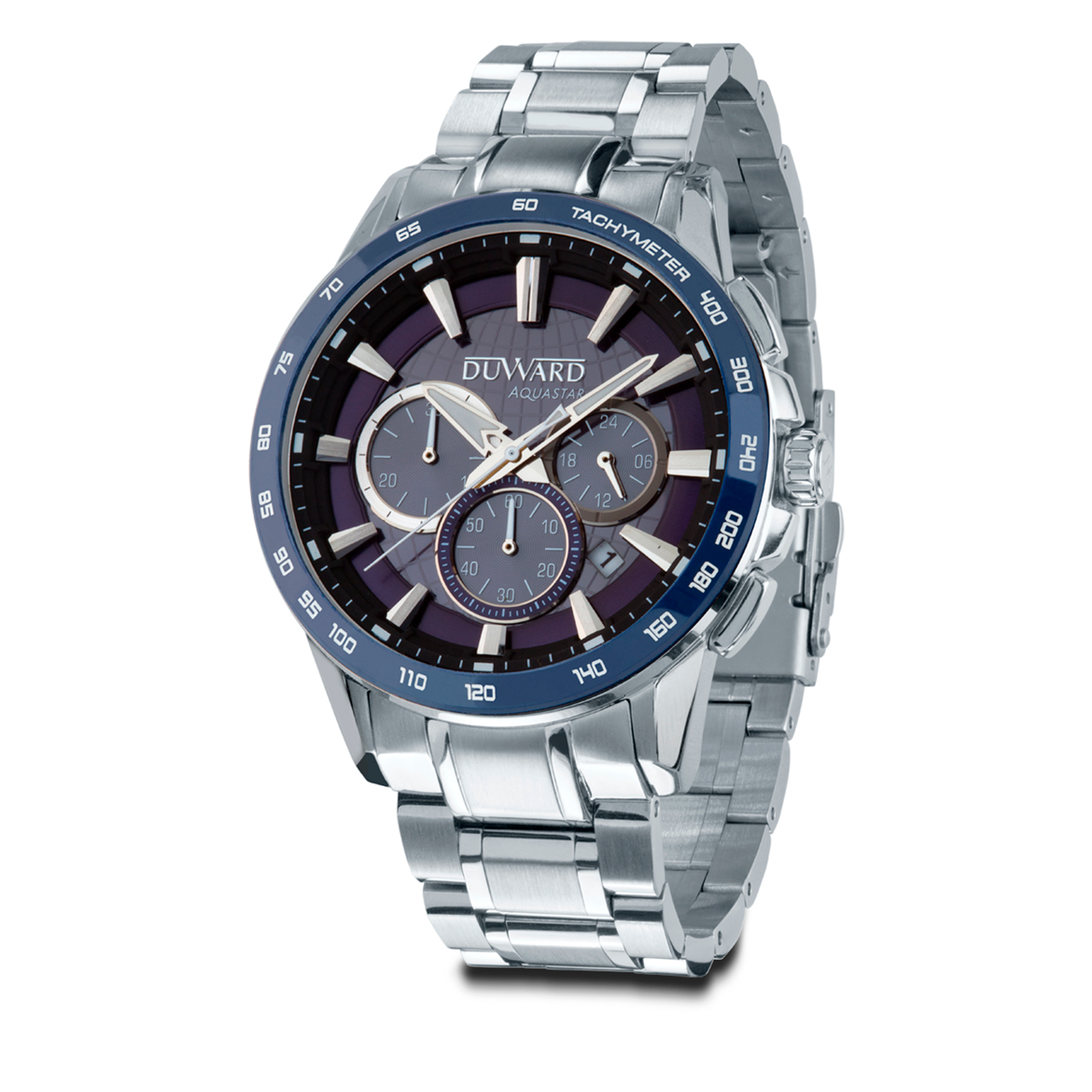Reloj DUWARD Aquastar cronógrafo de acero bisel cermica azul y 10 ATM