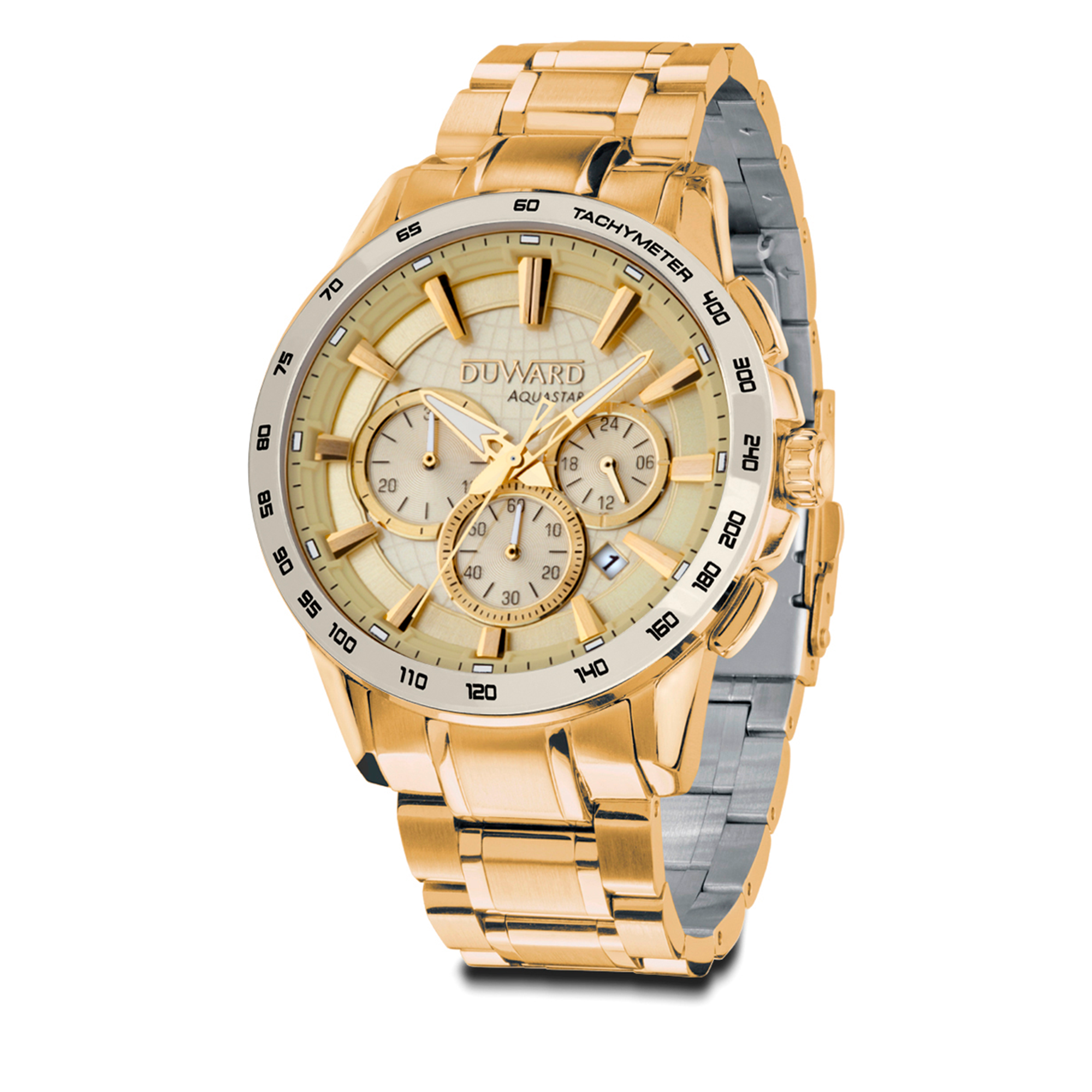Reloj DUWARD Aquastar cronógrafo de acero dorado bisel cermica dorado y 10 ATM