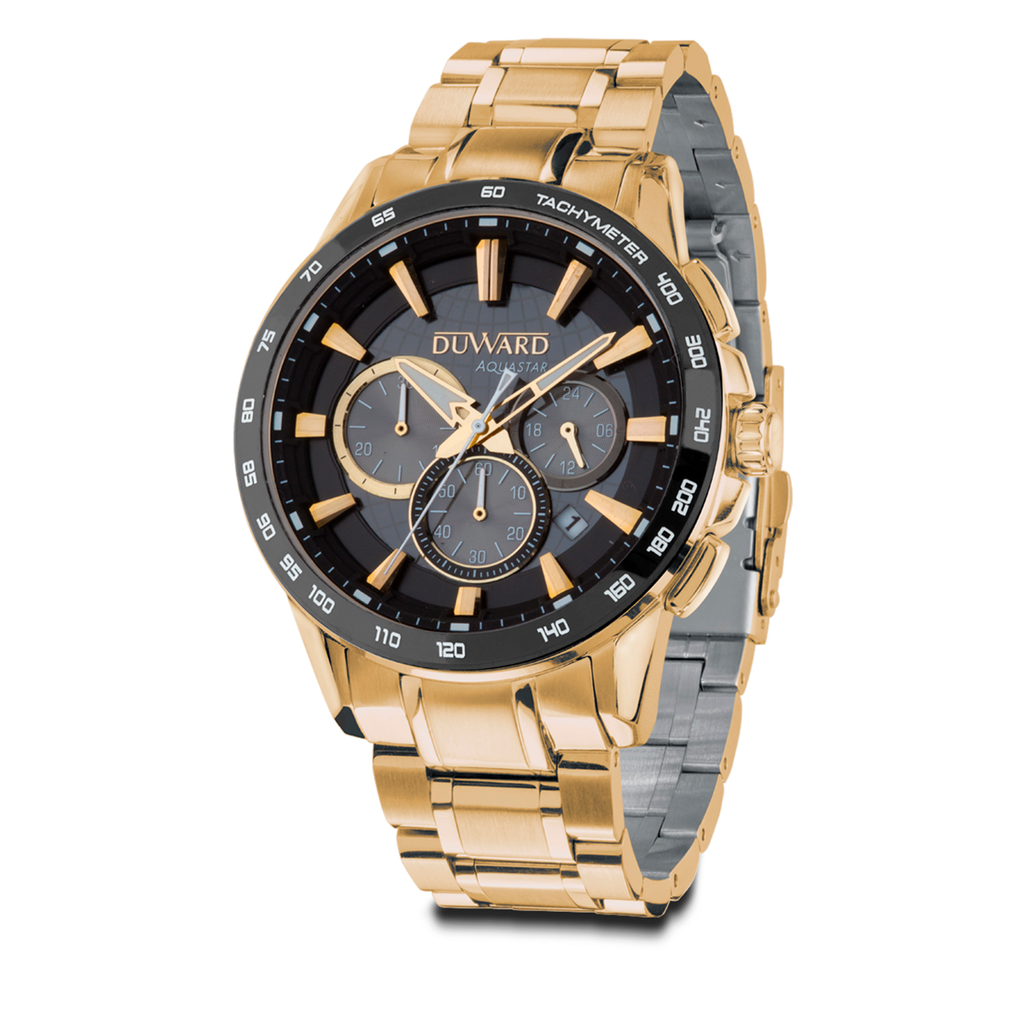 Reloj DUWARD Aquastar cronógrafo de acero ip dorado bisel cermica negro y 10 ATM