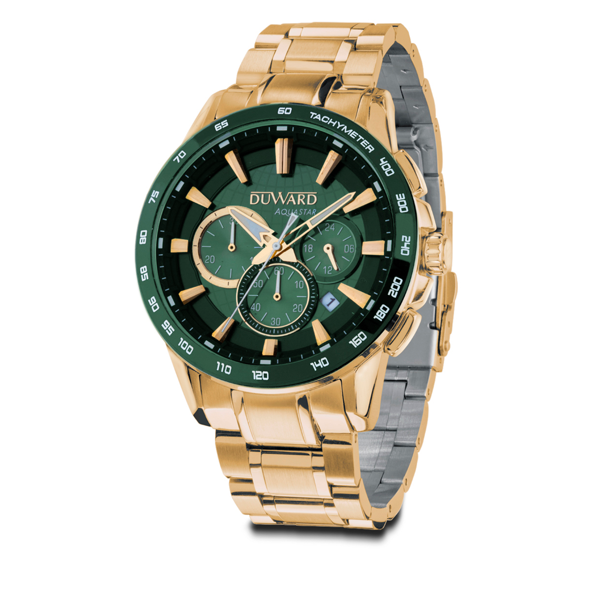 Reloj DUWARD Aquastar cronógrafo de acero ip dorado bisel cermica azul y 10 ATM