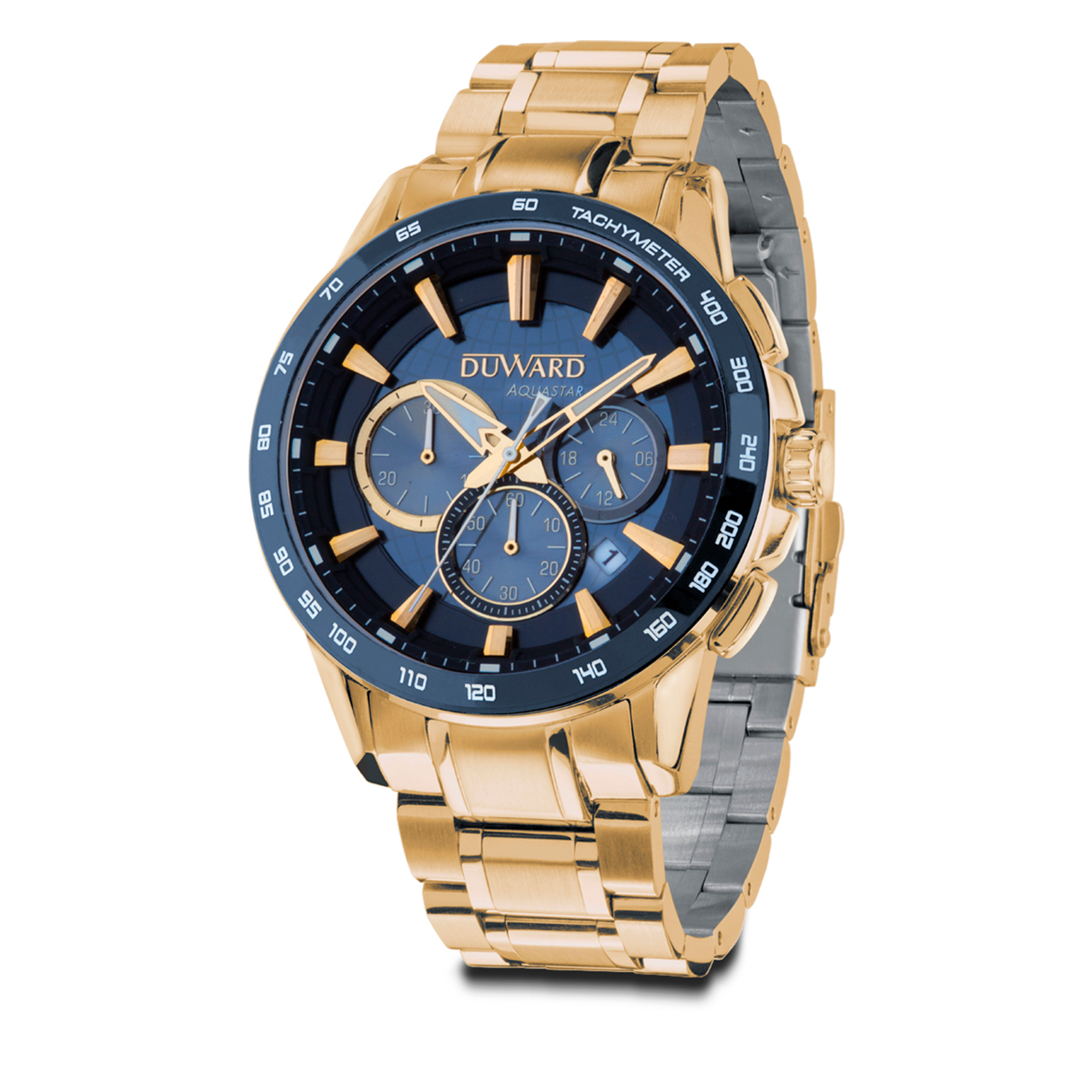Reloj DUWARD Aquastar cronógrafo de acero ip dorado bisel cermica verde y 10 ATM