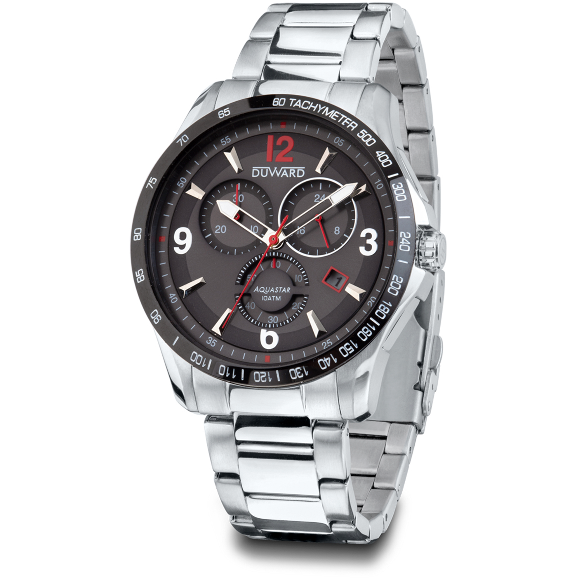 Reloj DUWARD Aquastar cronógrafo de acero esfera negra y 10 ATM