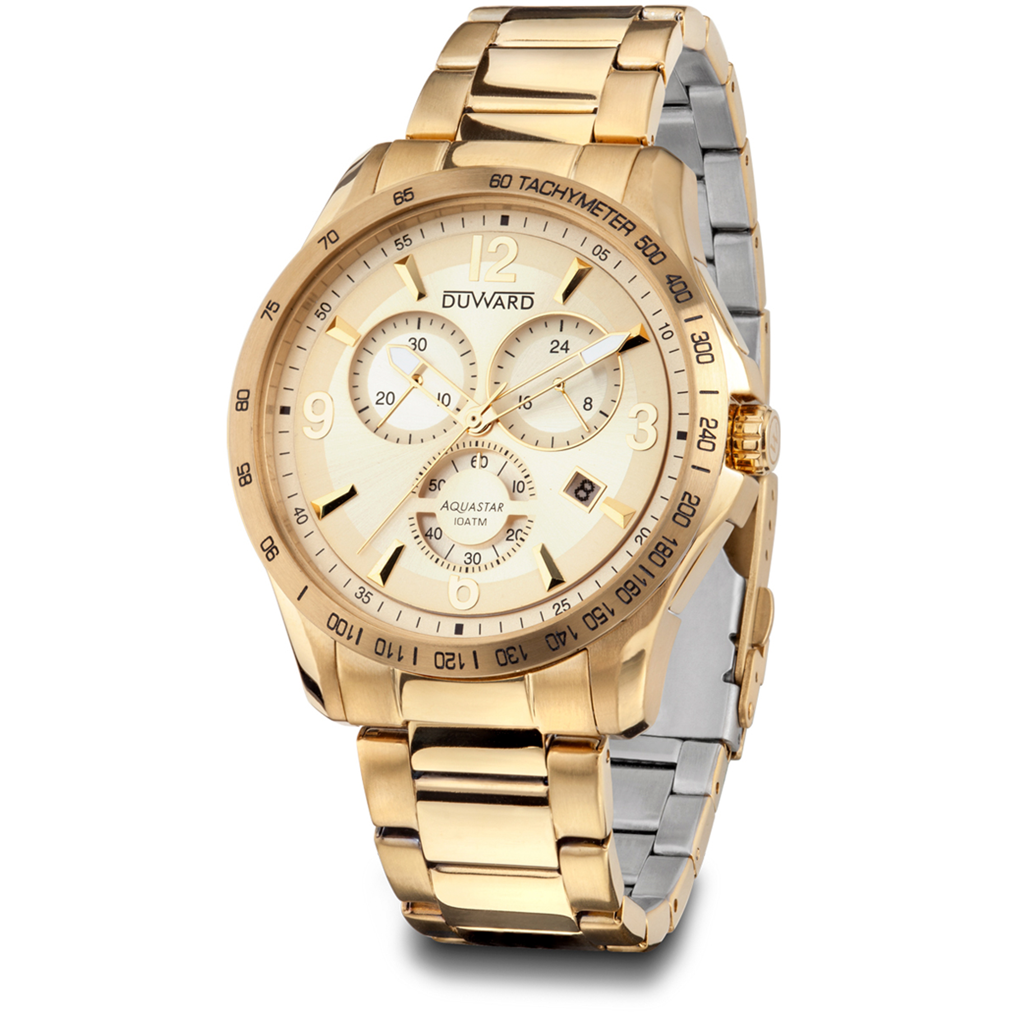 Reloj DUWARD Aquastar cronógrafo de acero ip dorado esfera dorada y 10 ATM