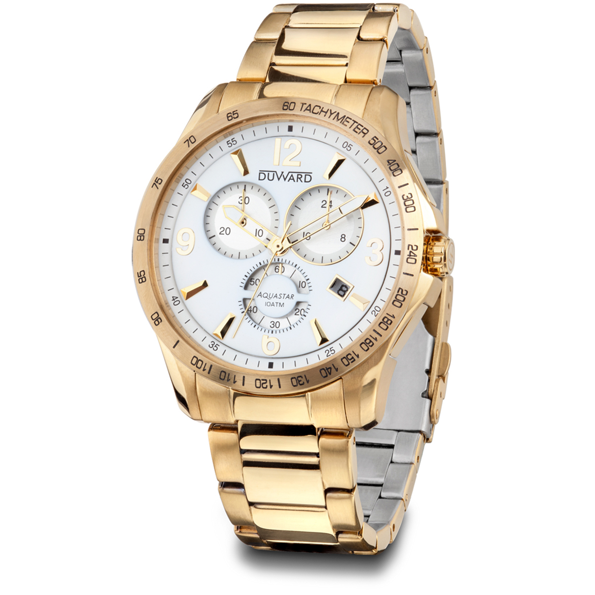 Reloj DUWARD Aquastar cronógrafo de acero ip dorado esfera negra y 10 ATM