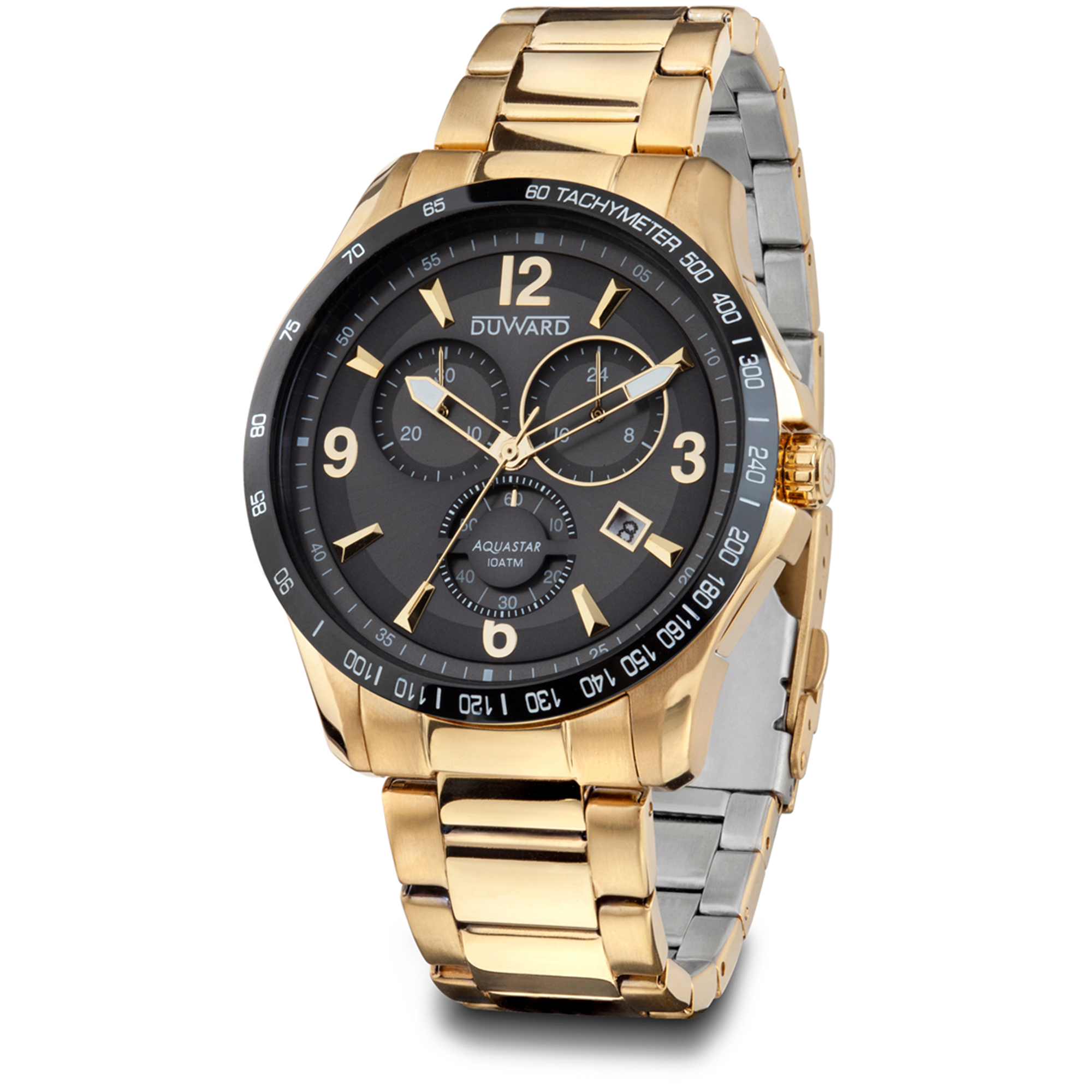 Reloj DUWARD Aquastar cronógrafo de acero ip dorado esfera blanca y 10 ATM