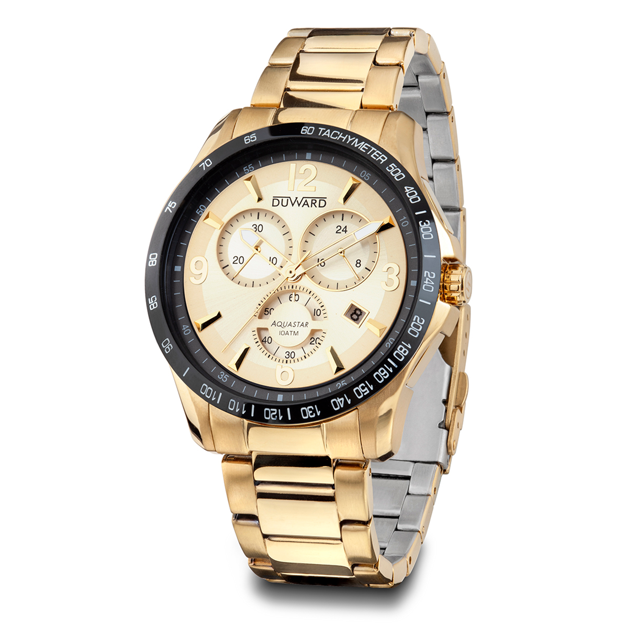 Reloj DUWARD Aquastar cronógrafo de acero ip dorado y 10 ATM