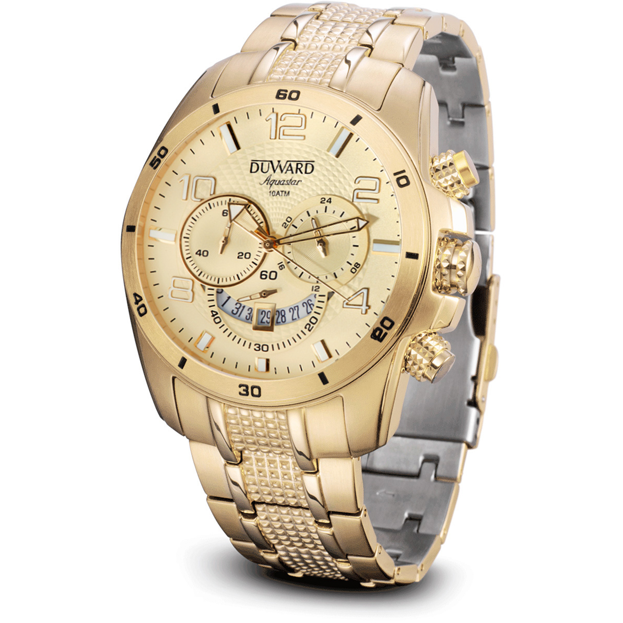 Reloj DUWARD Aquastar cronógrafo de acero ip dorado esfera dorada y 10 ATM