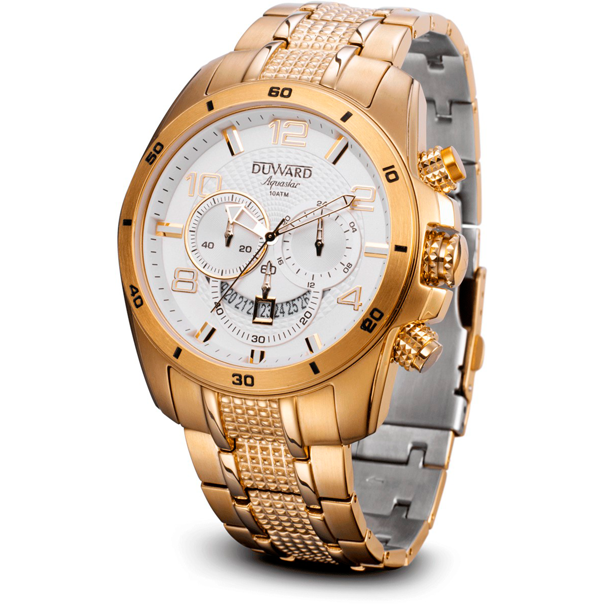 Reloj DUWARD Aquastar cronógrafo de acero ip dorado esfera blanca y 10 ATM