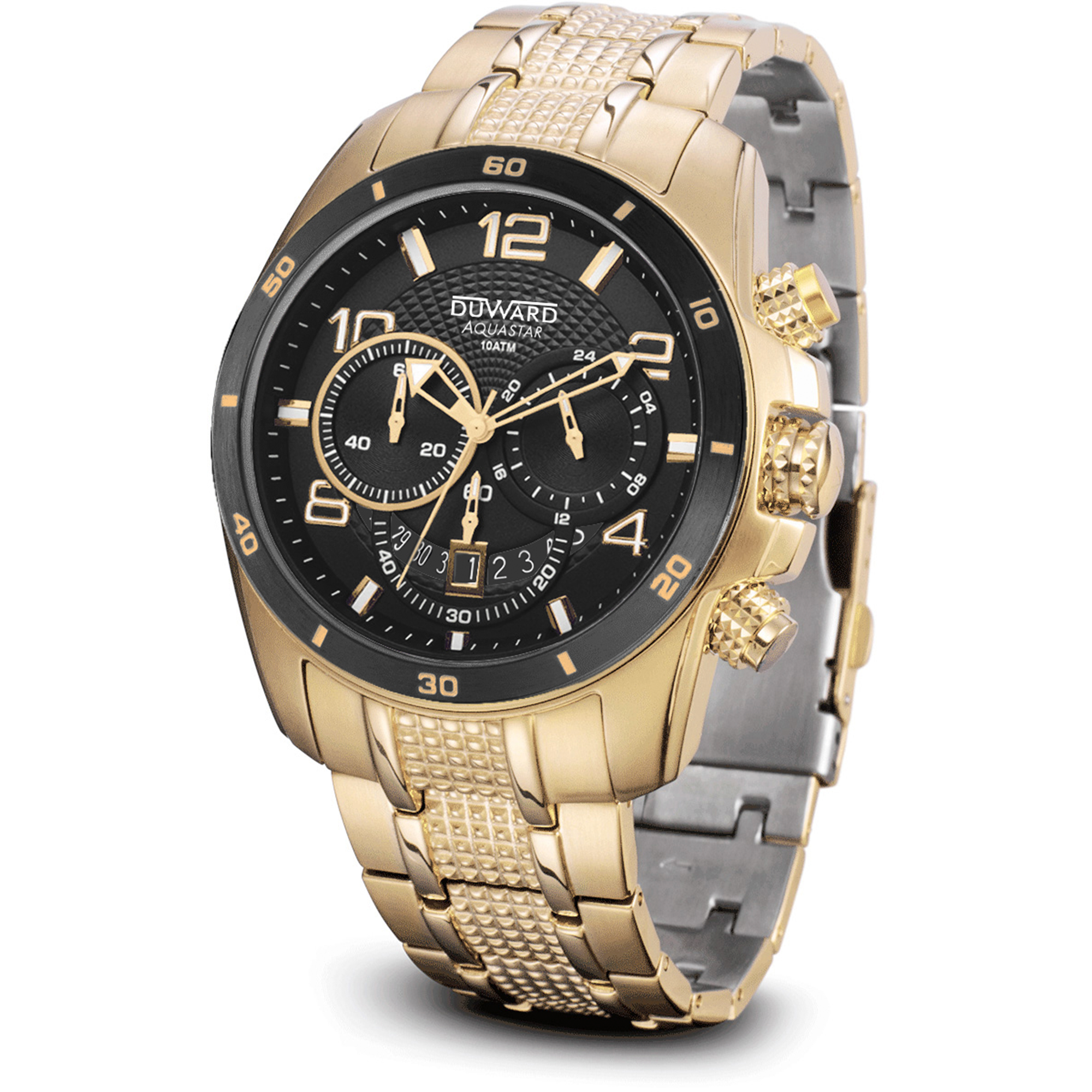 Reloj DUWARD Aquastar cronógrafo de acero ip dorado esfera negra y 10 ATM