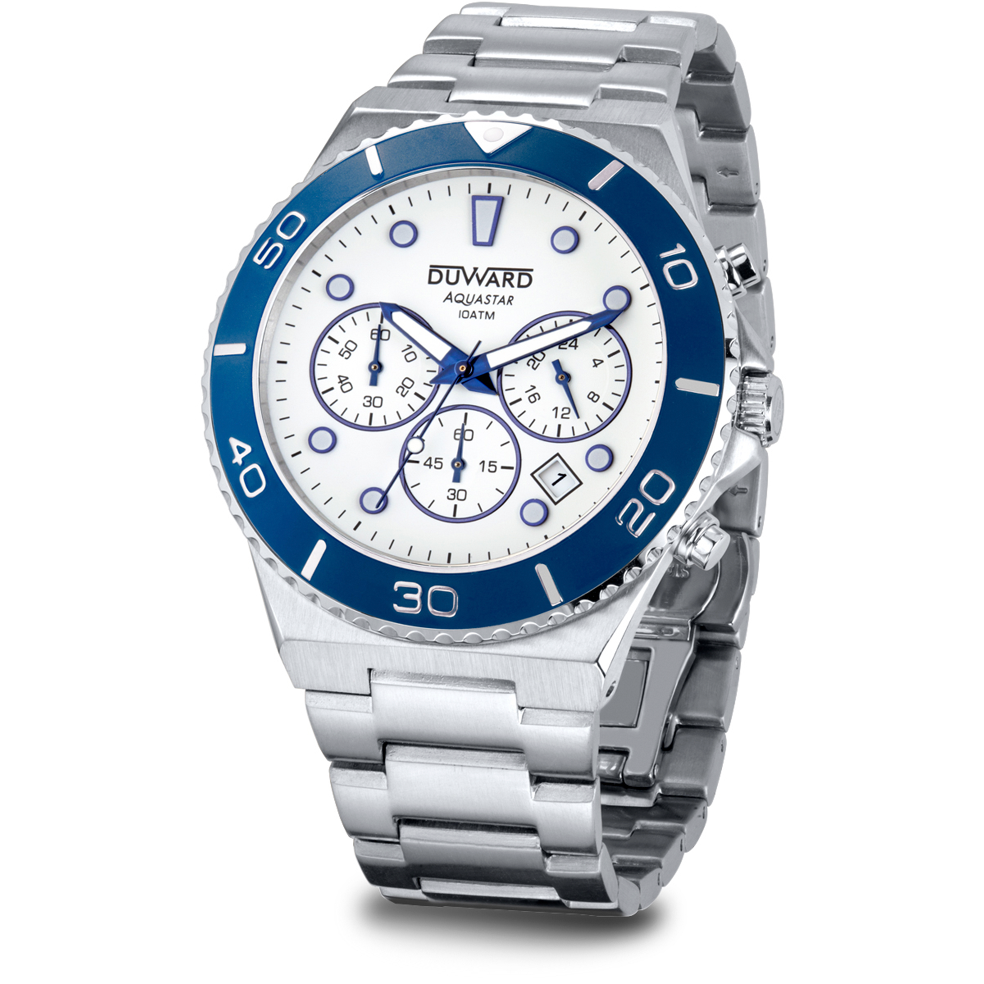 Reloj de hombre DUWARD Aquastar cronógrafo de acero esfera blanca y 10 ATM