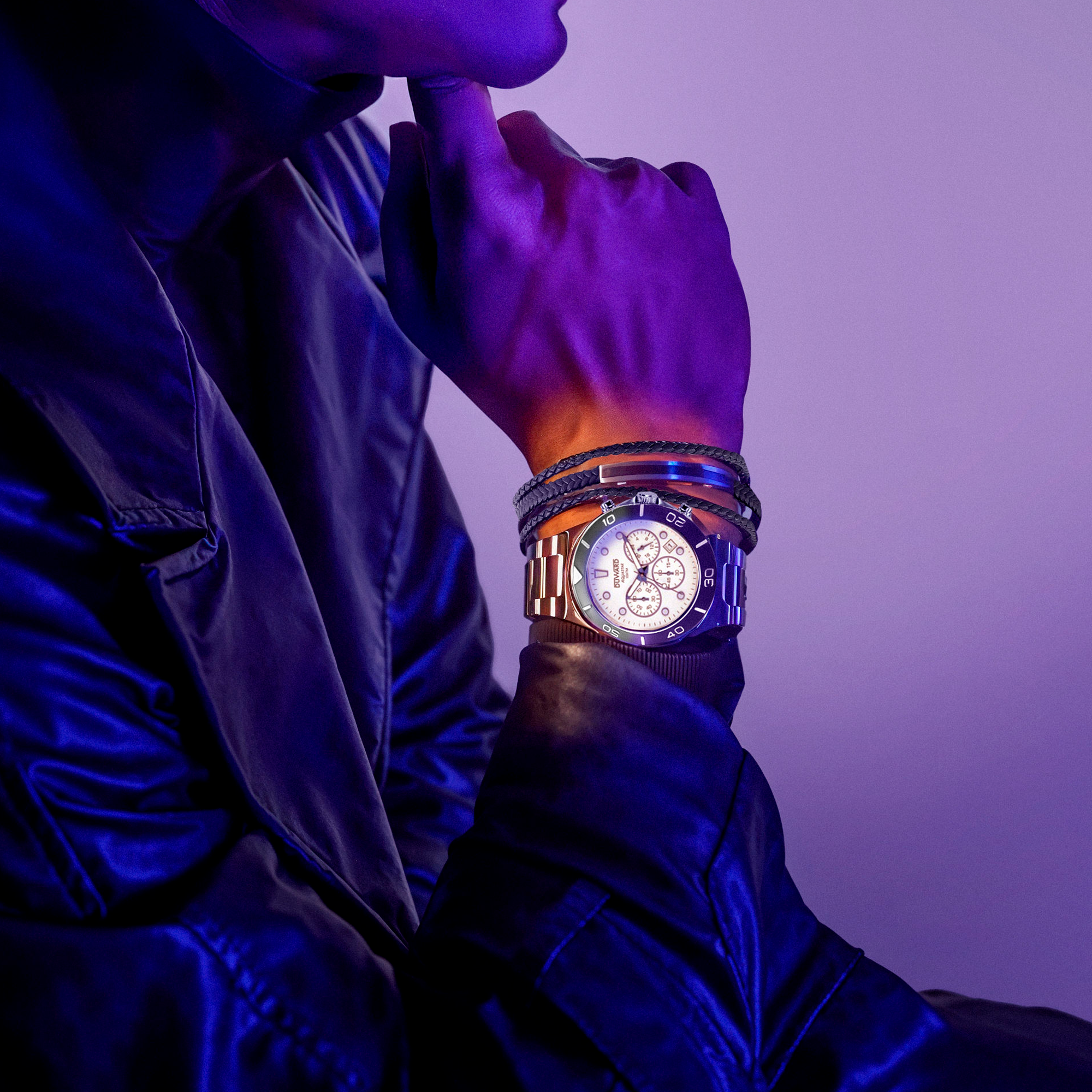 Reloj de hombre DUWARD Aquastar cronógrafo de acero esfera blanca y 10 ATM