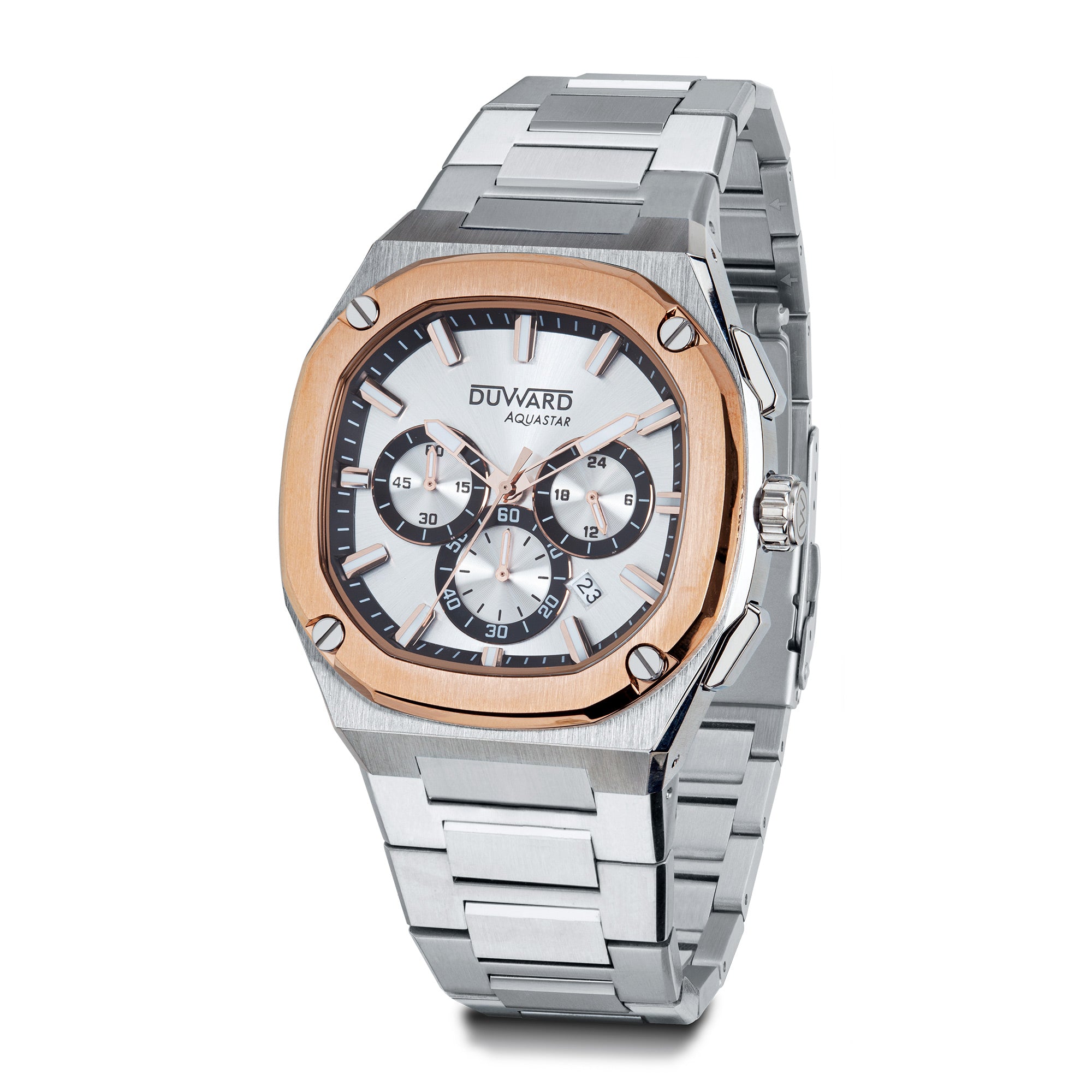 Reloj de Hombre deportivo DUWARD Aquastar acero IP rosado esfera plata 10 Atm