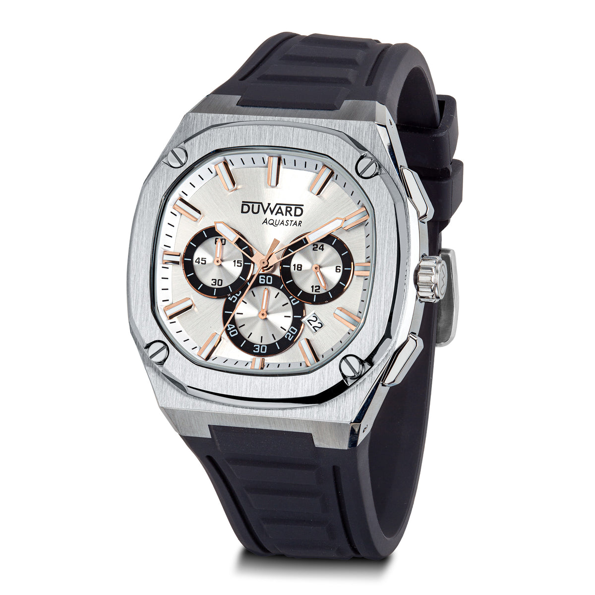 Reloj de Hombre deportivo DUWARD Aquastar acero esfera plata 10 Atm silicona