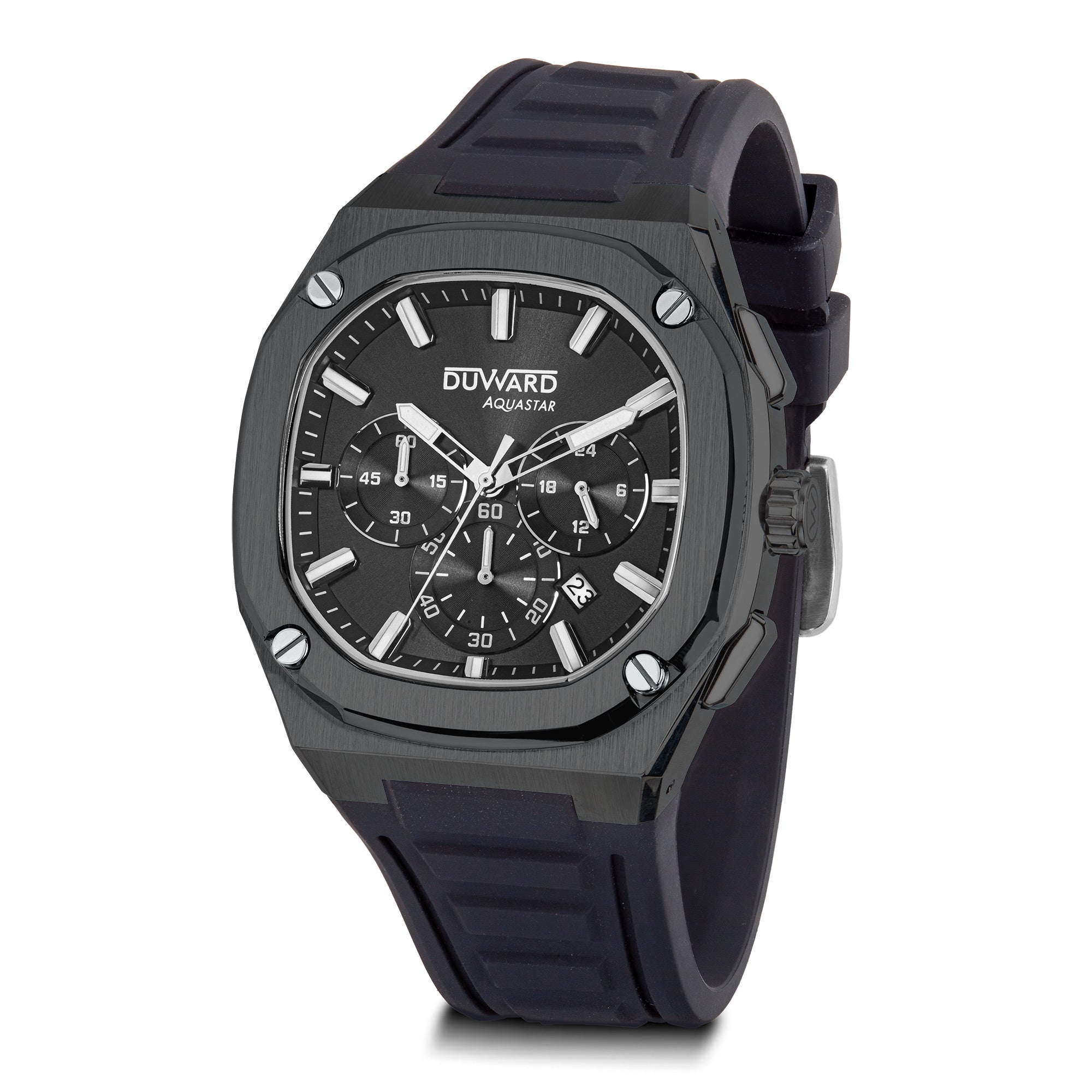 Reloj de Hombre deportivo DUWARD Aquastar acero IP negro esfera negra 10 Atm silicona