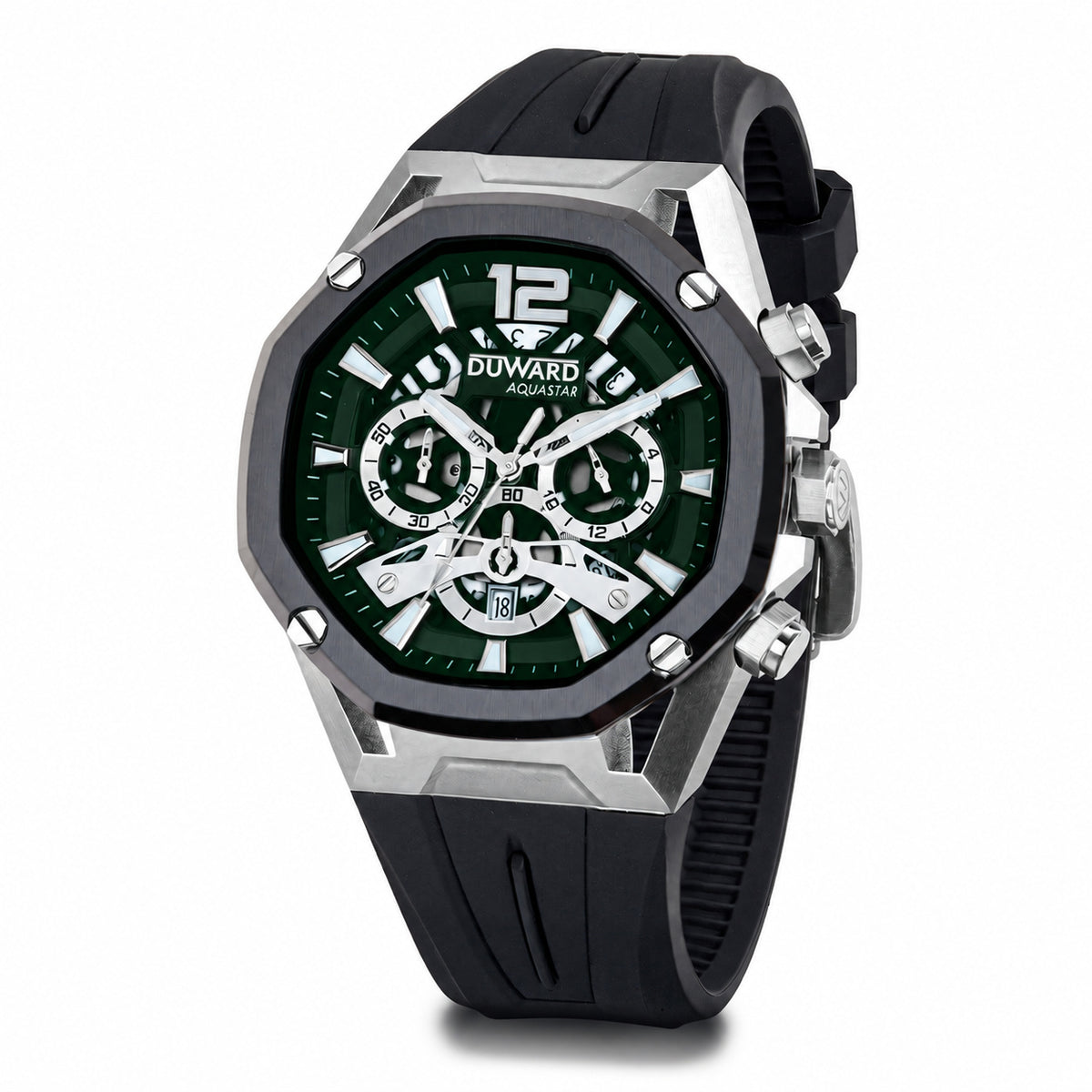Reloj Hombre deportivo DUWARD Aquastar acero IP ne gra esfera verde10 Atm silicona