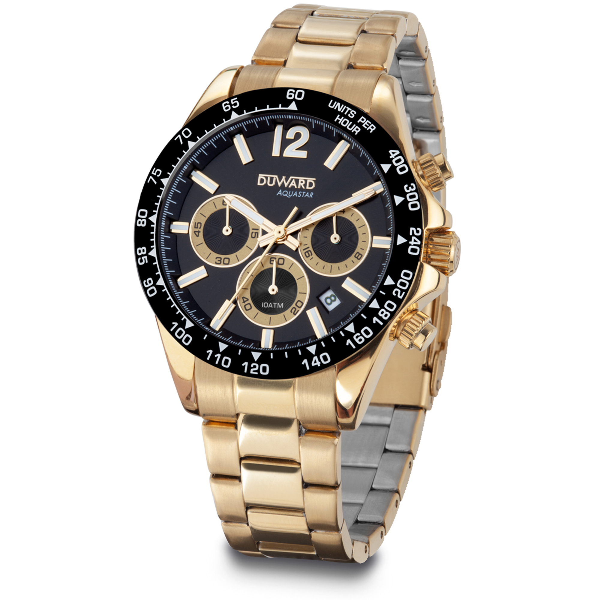 Reloj de Hombre DUWARD Aquastar de acero ip dorado con bisel ceramico 10 ATM