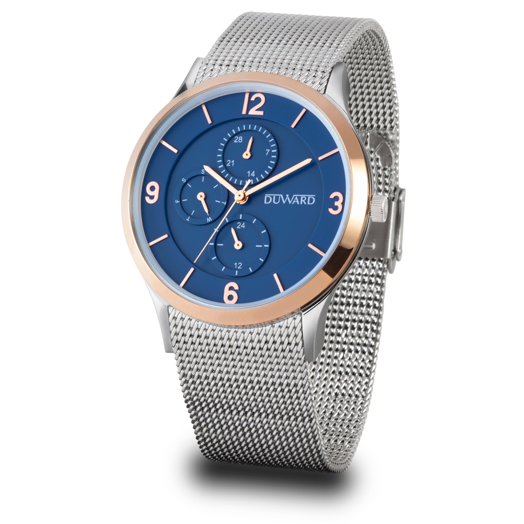 Reloj de hombre multifunción de acero e bisel en ip rosado, 5 atm, esfera azul