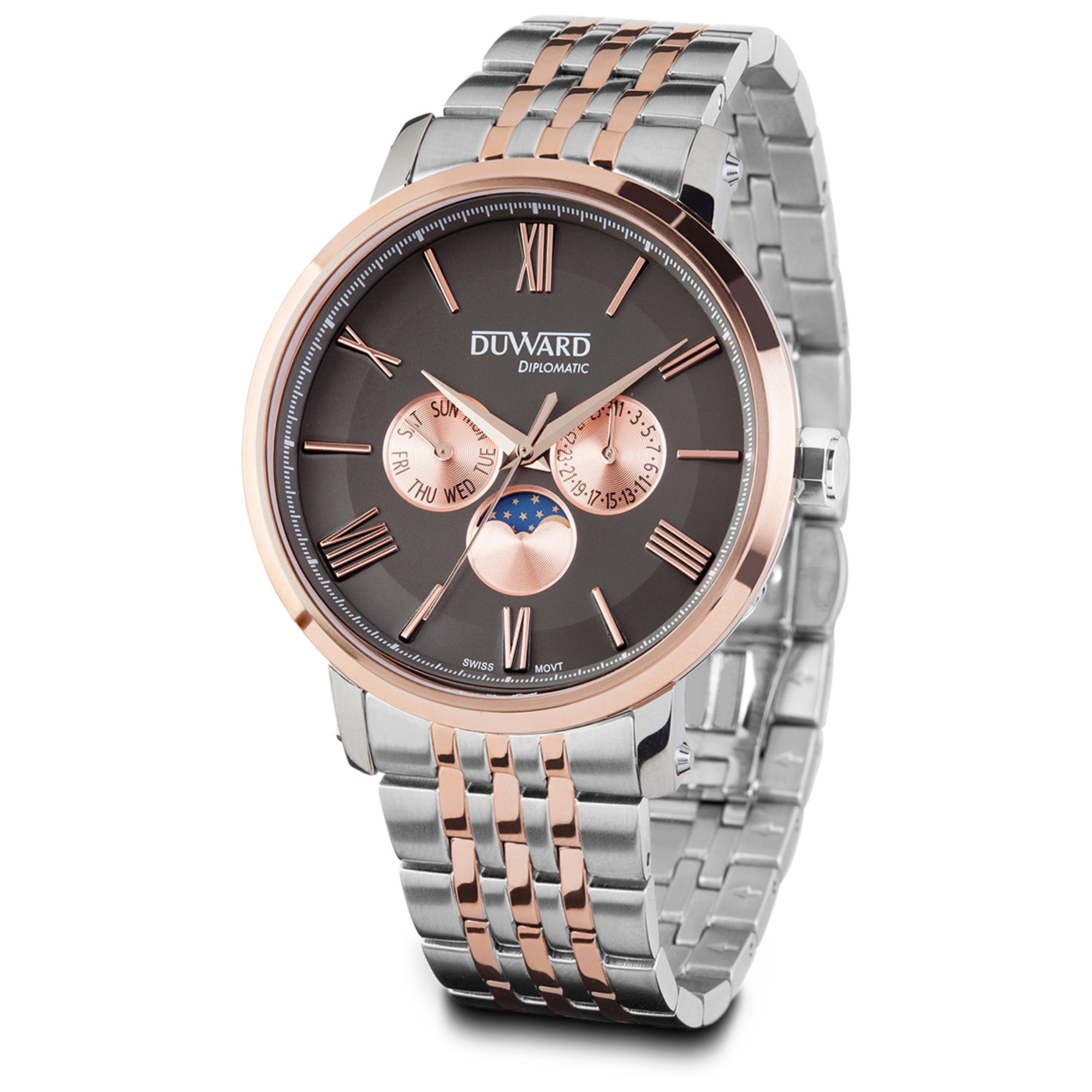 Reloj de Hombre de acero bicolor movimiento suizo f ase lunar 5 Atm