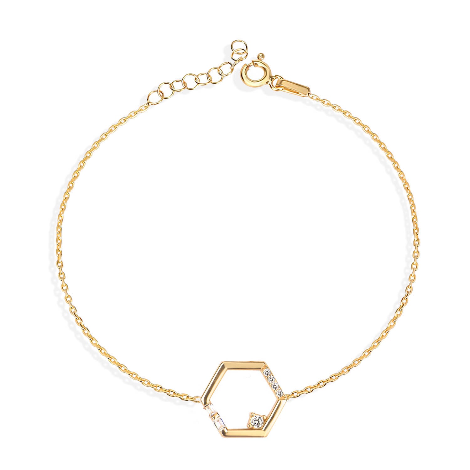 Pulsera 16+3Cm.Plata.Hexágono.Dorado circonitas.