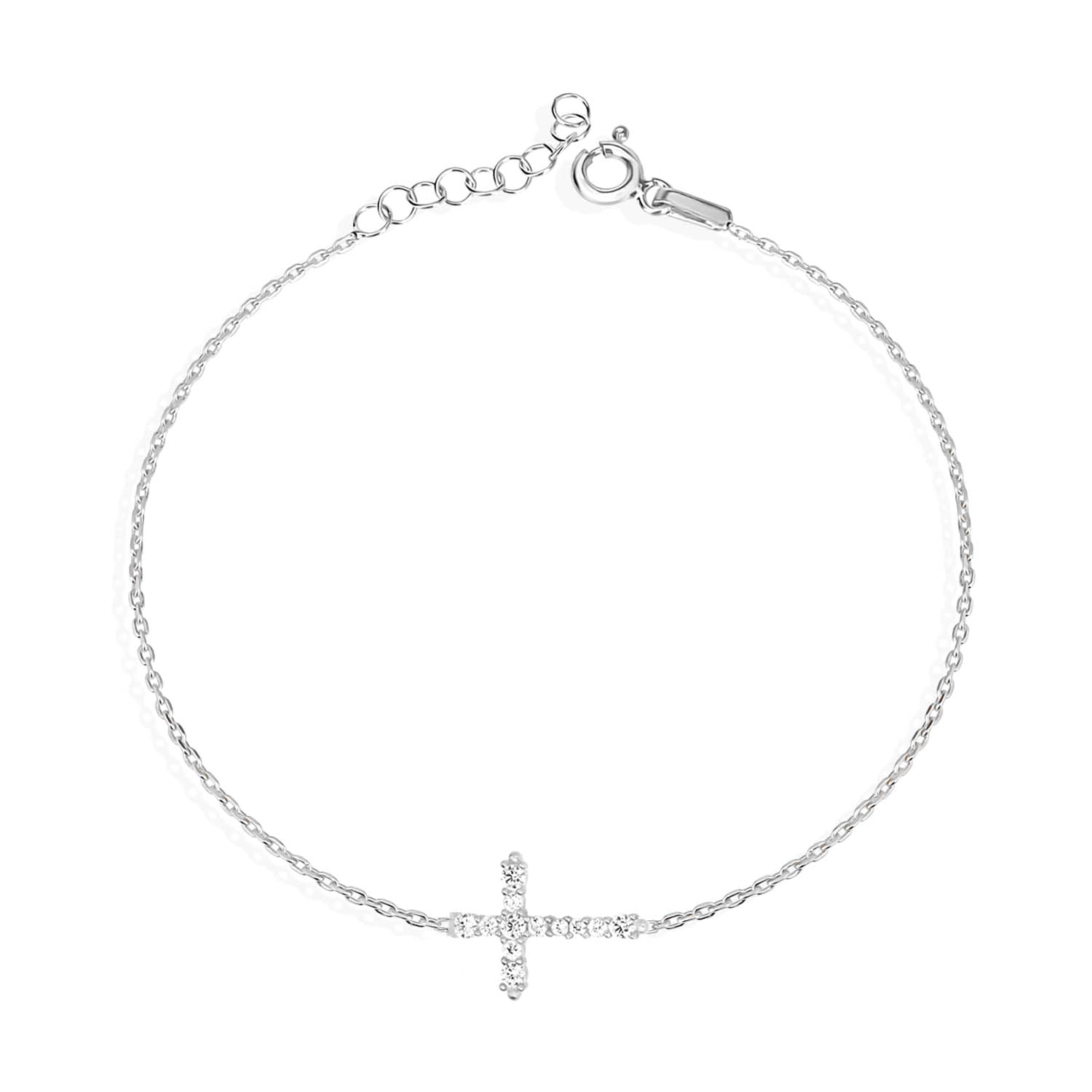 Pulsera 16+3Cm.Plata.Cruz piedras.Rodiado blanco.