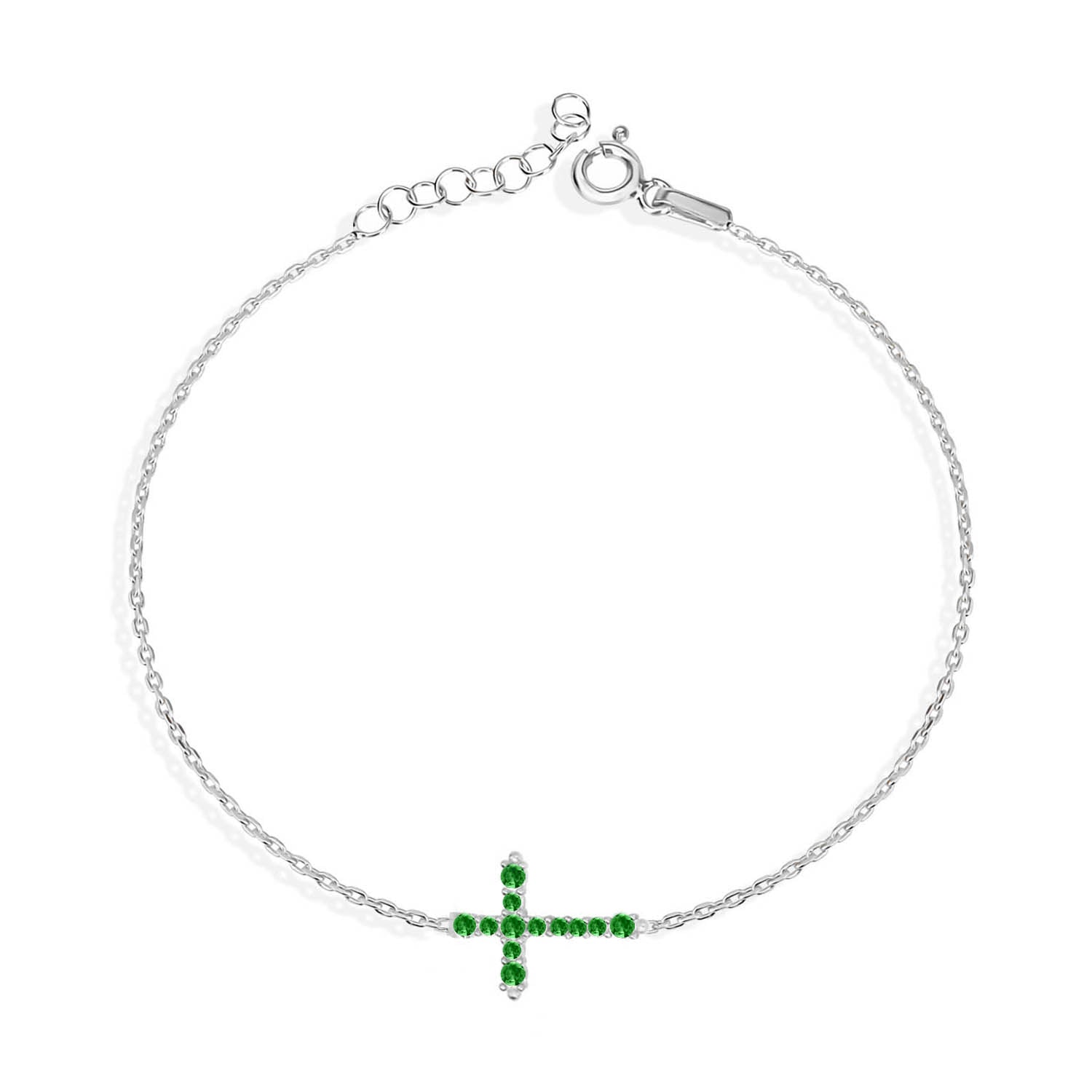Pulsera 16+3Cm.Plata.Cruz piedras.Rodiado verde.