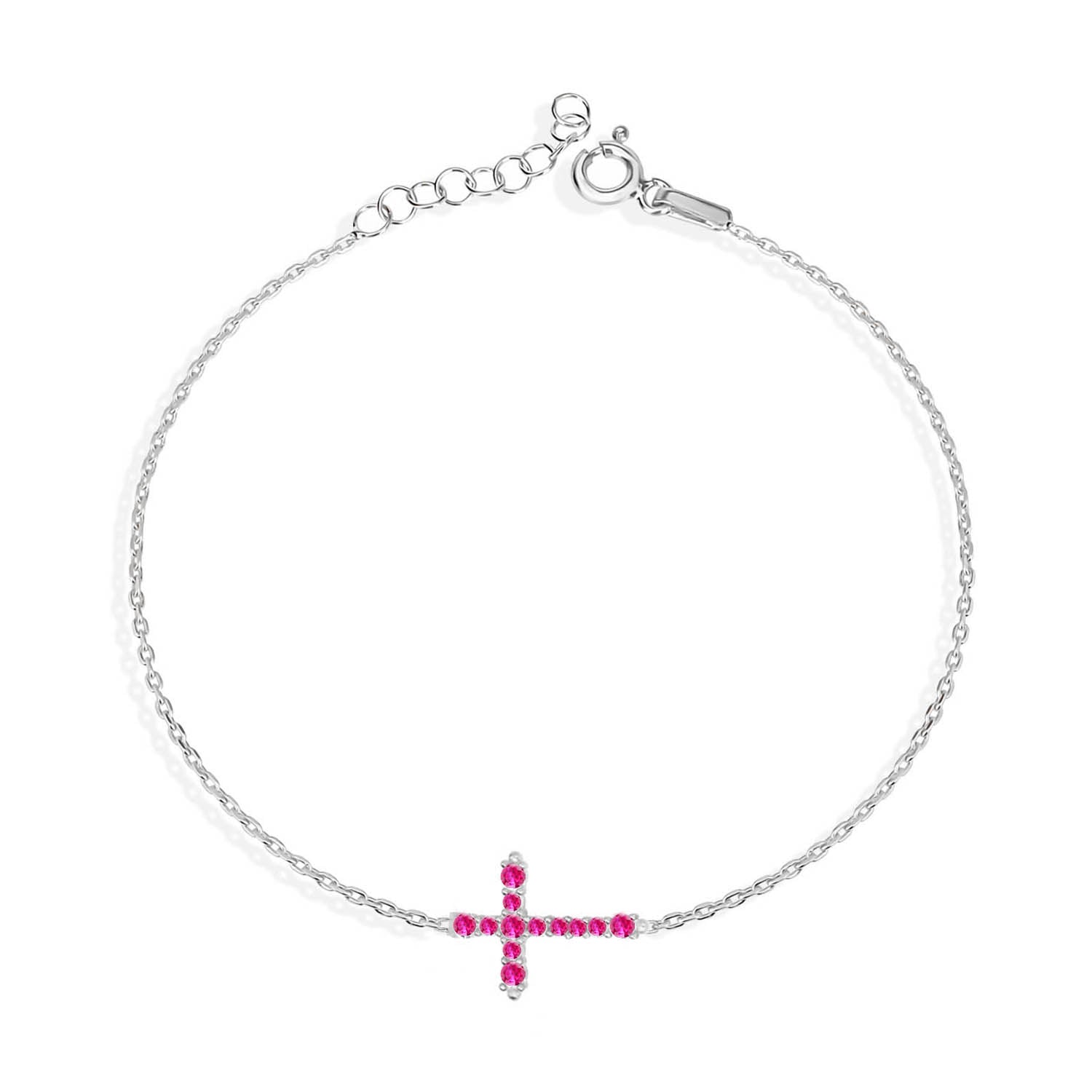 Pulsera 16+3Cm.Plata.Cruz piedras.Rodiado rojo.