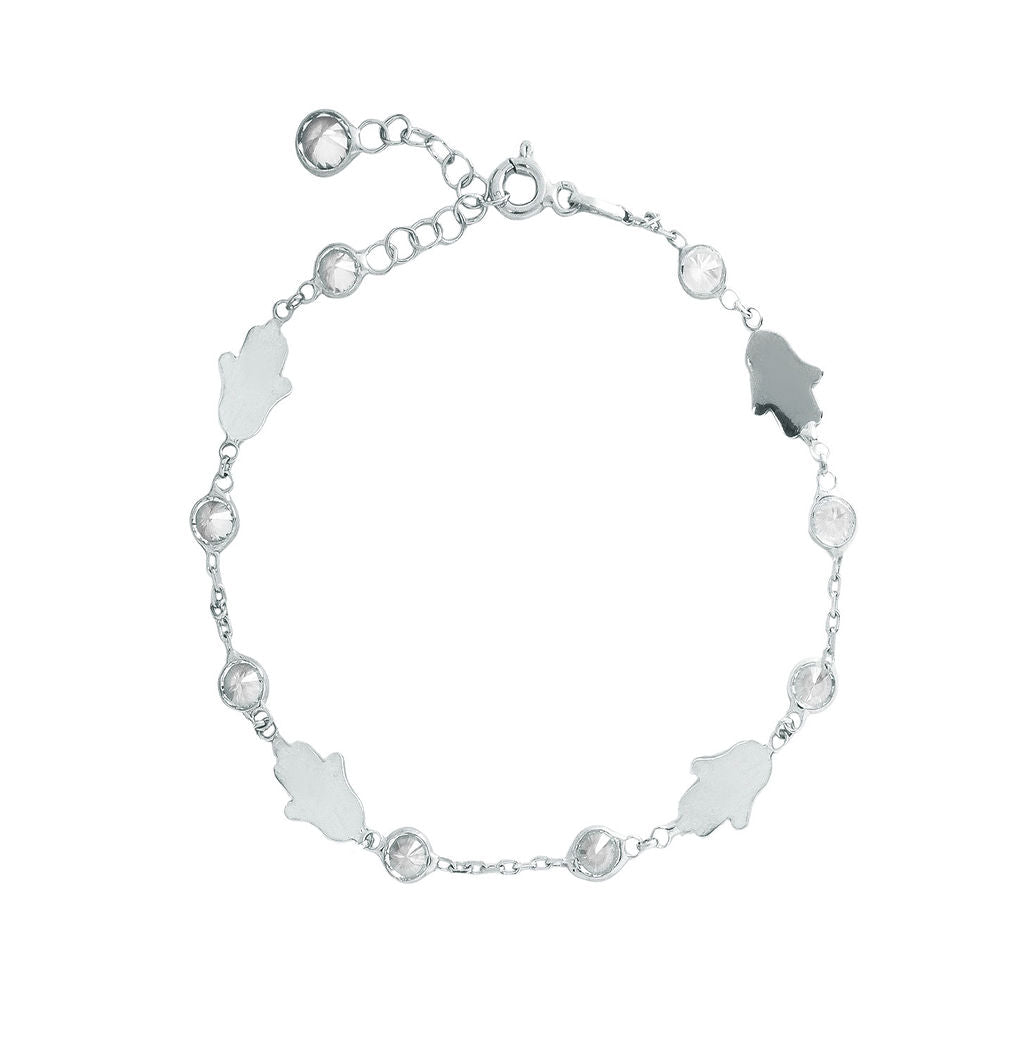 Pulsera 16+3Cm.Plata 925. mano fatima+piedra blanc