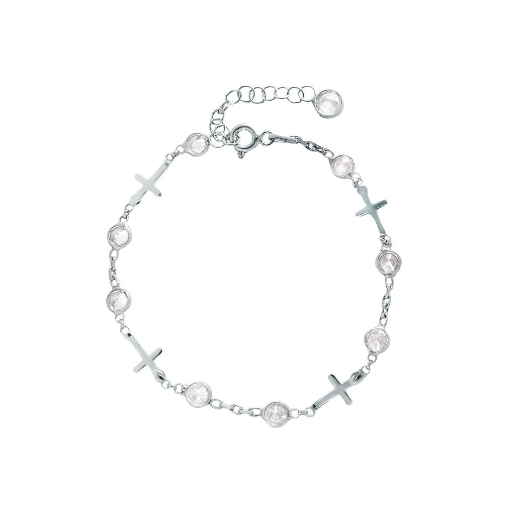 Pulsera 16+3Cm.Plata 925. cruz+piedra blanca