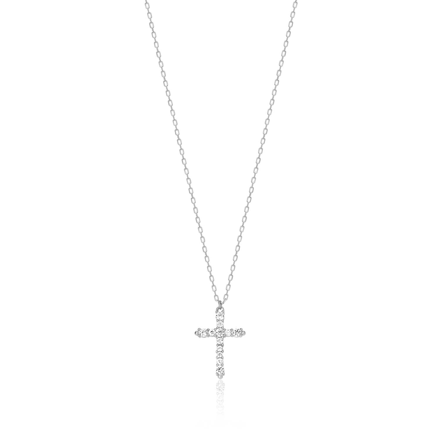 Collar 40+5Cm.Plata.Cruz piedras.Rodiado blanco.