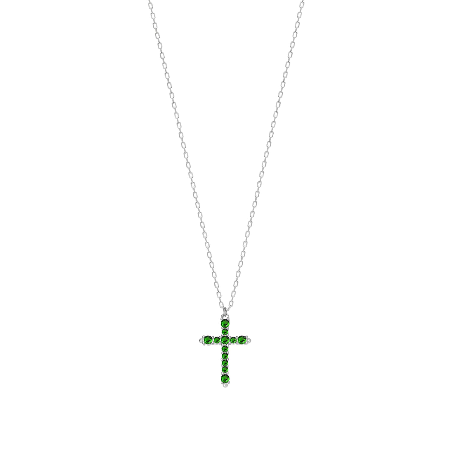 Collar 40+5Cm.Plata.Cruz piedras.Rodiado verde.