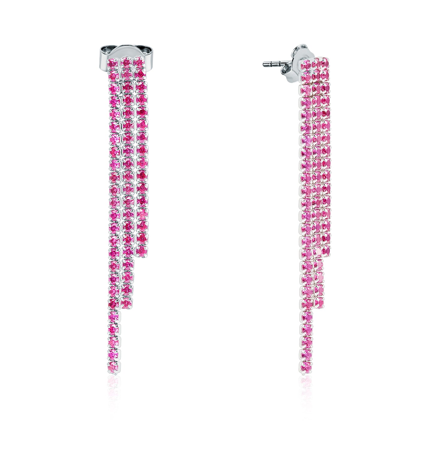 Pendientes.Plata 925 rodiada.Riviere 3 tiras.Rosa.